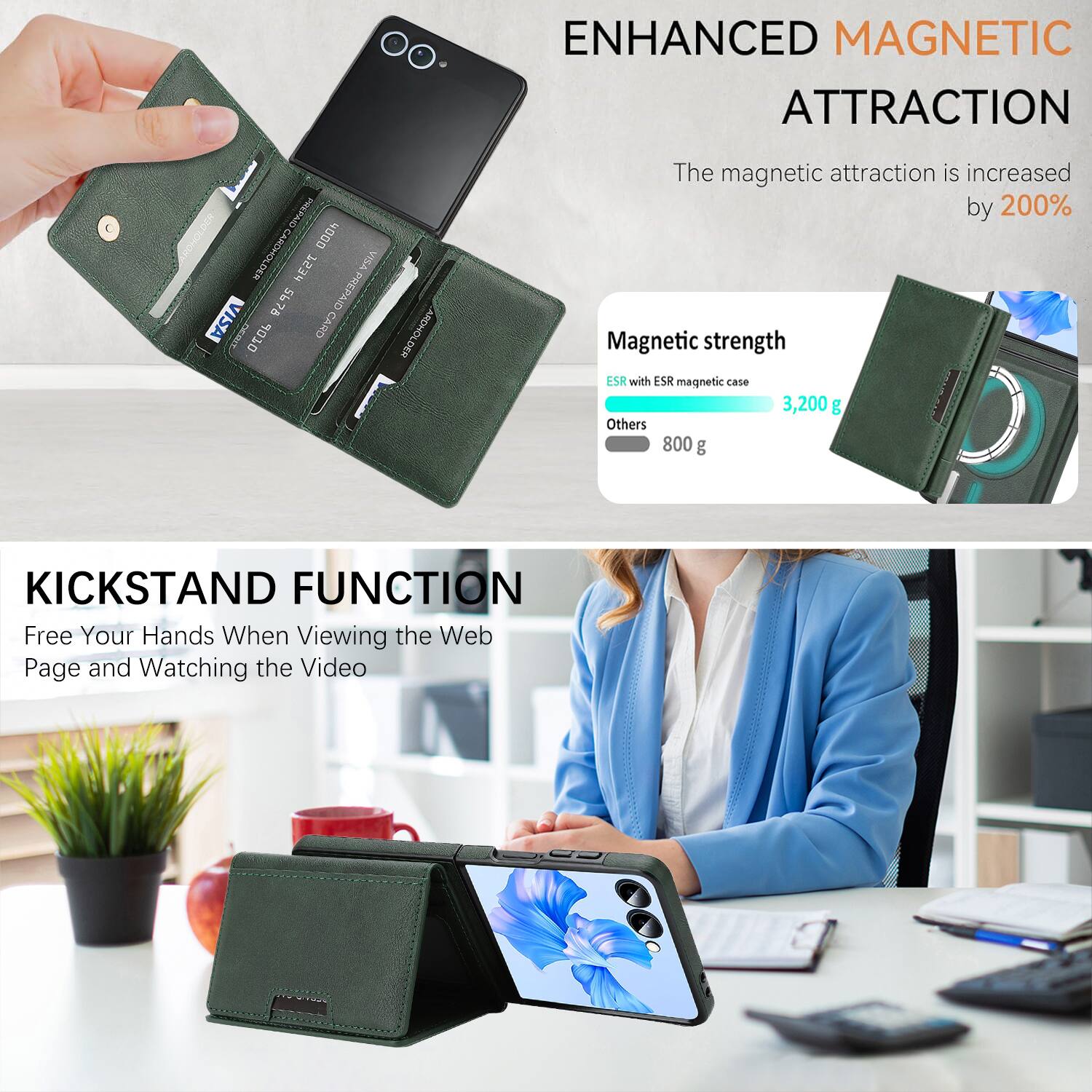 ENHANCED MAGNETIC ATTRACTION

The magnetic attraction is increased by 200%

Magnetic strength
- ESR with ESR magnetic case: 3,200 g
- Others: 800 g

KICKSTAND FUNCTION

Free Your Hands When Viewing the Web Page and Watching the Video