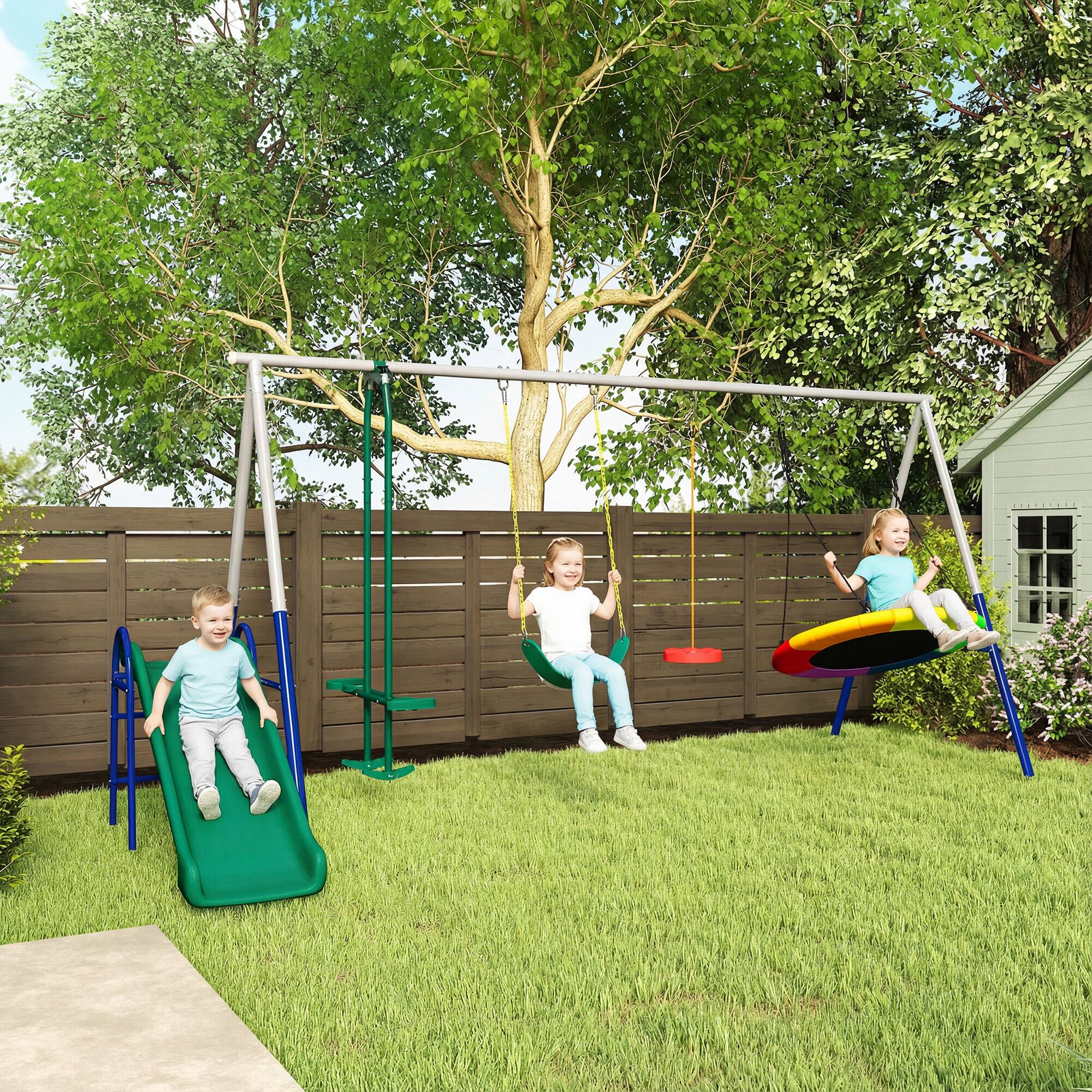 Alt View 1. Qaba - 5-in-1 Kids Swing Set with Slide, Swings and Glider for Backyard, 770lbs Capacity, for Ages 3-8 - Mixed Color.