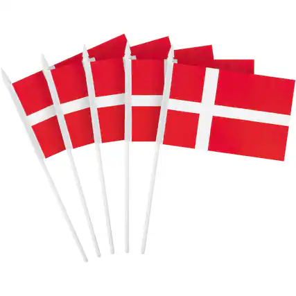 Front. G128 - 12-Pack Handheld Denmark Stick Flags, 4" x 6" 150D Polyester with Plastic Spear Top. - Assorted Colors.