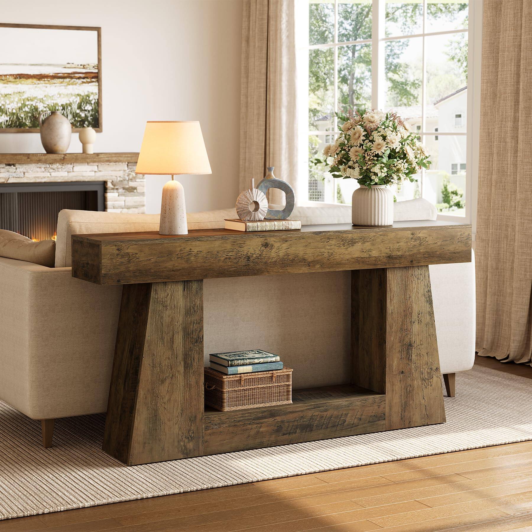 Back. Tribesigns - Console Table with Storage, 63" Farmhouse Wooden Sofa Table for Entryway, Narrow Long Accent Sofa Table Behind Couch, Co - Oak.