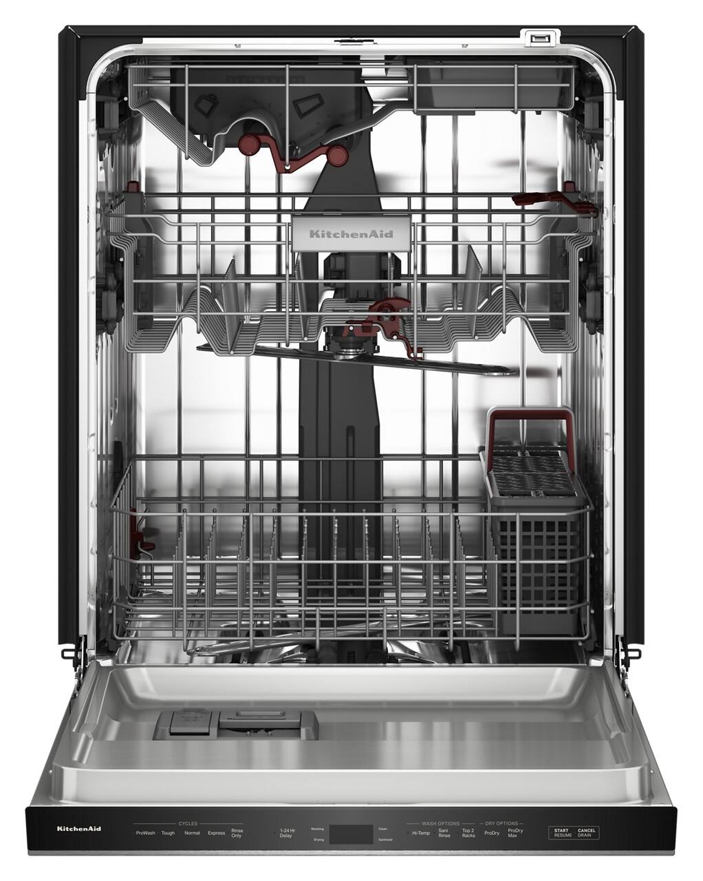 KitchenAid Dishwasher

CYCLES:
- ProWash
- Tough
- Normal
- Express
- Rinse Only
- 1-2H Delay
- Warm
- Dry

WASH OPTIONS:
- Sanitize
- Hi-Temp
- Rinse
- Top 2 Rack
- ProDry

DRY OPTIONS:
- ProDry Max

START
CANCEL
RESUME
DRY