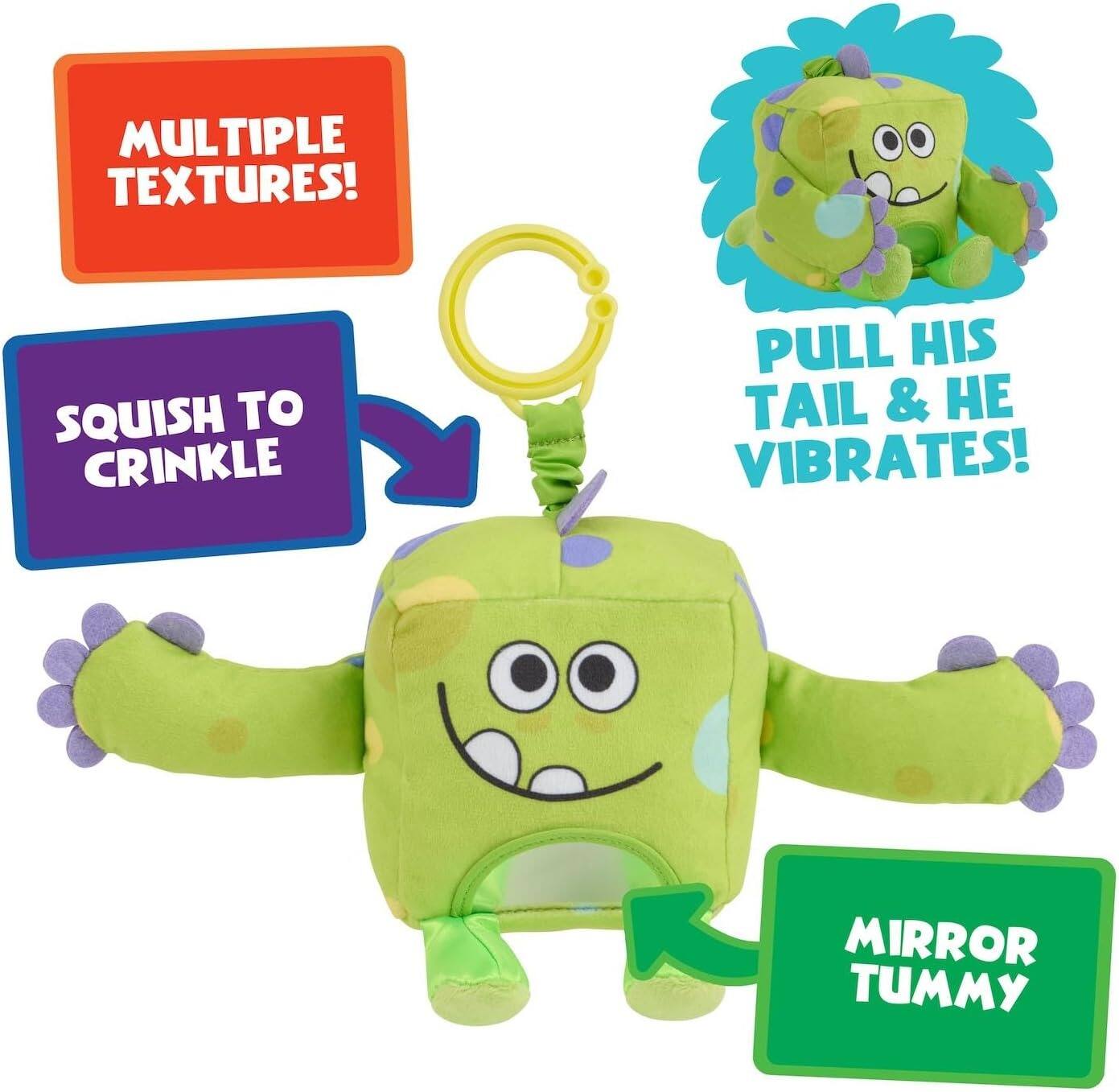 MULTIPLE TEXTURES!  
SQUISH TO CRINKLE  
PULL HIS TAIL & HE VIBRATES!  
MIRROR TUMMY