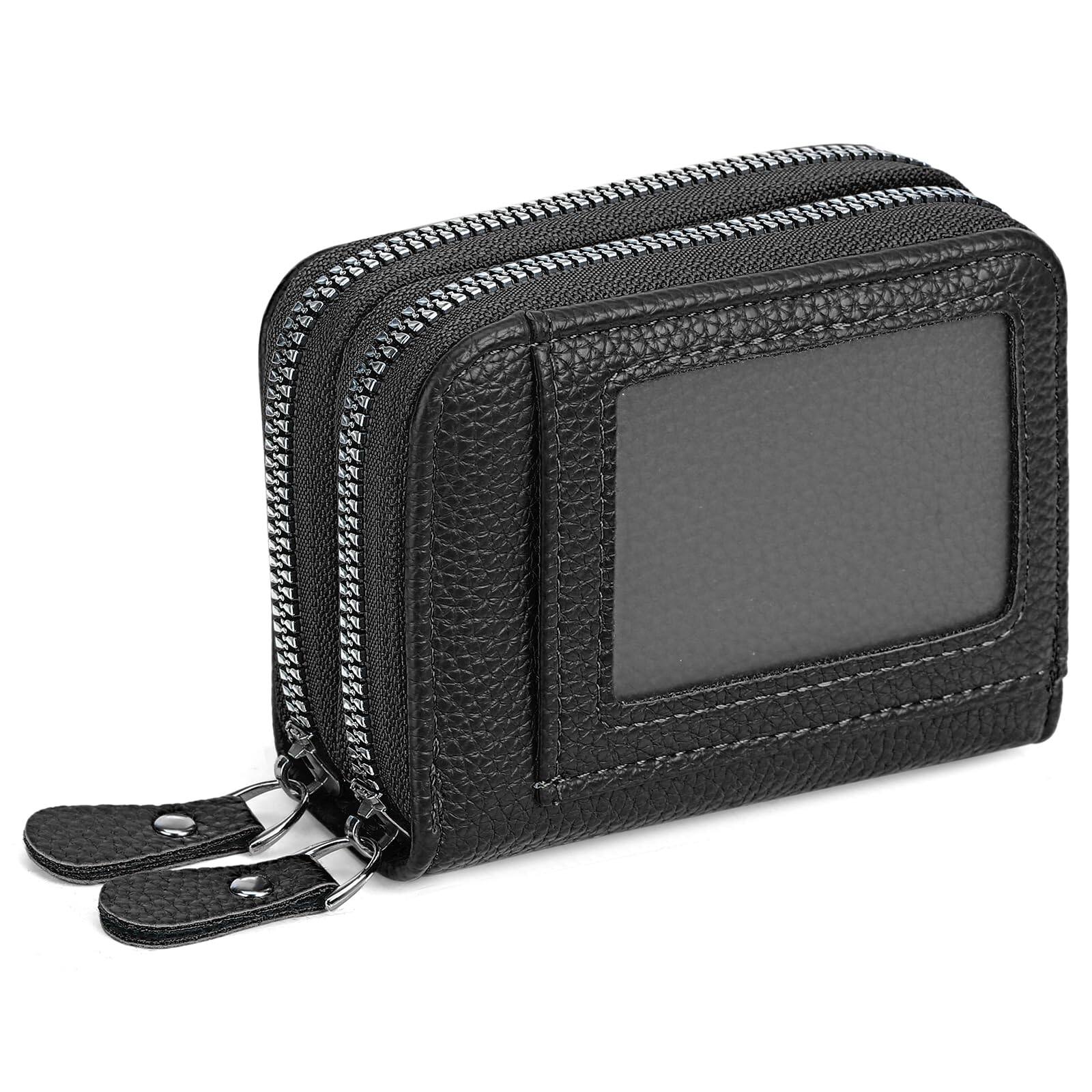 Alt View 3. Jadie Link - Credit Card Holder Wallet Rfid Blocking Leather Small Women Double Zipper Window Card Holder credit card wallet made - A-Black.