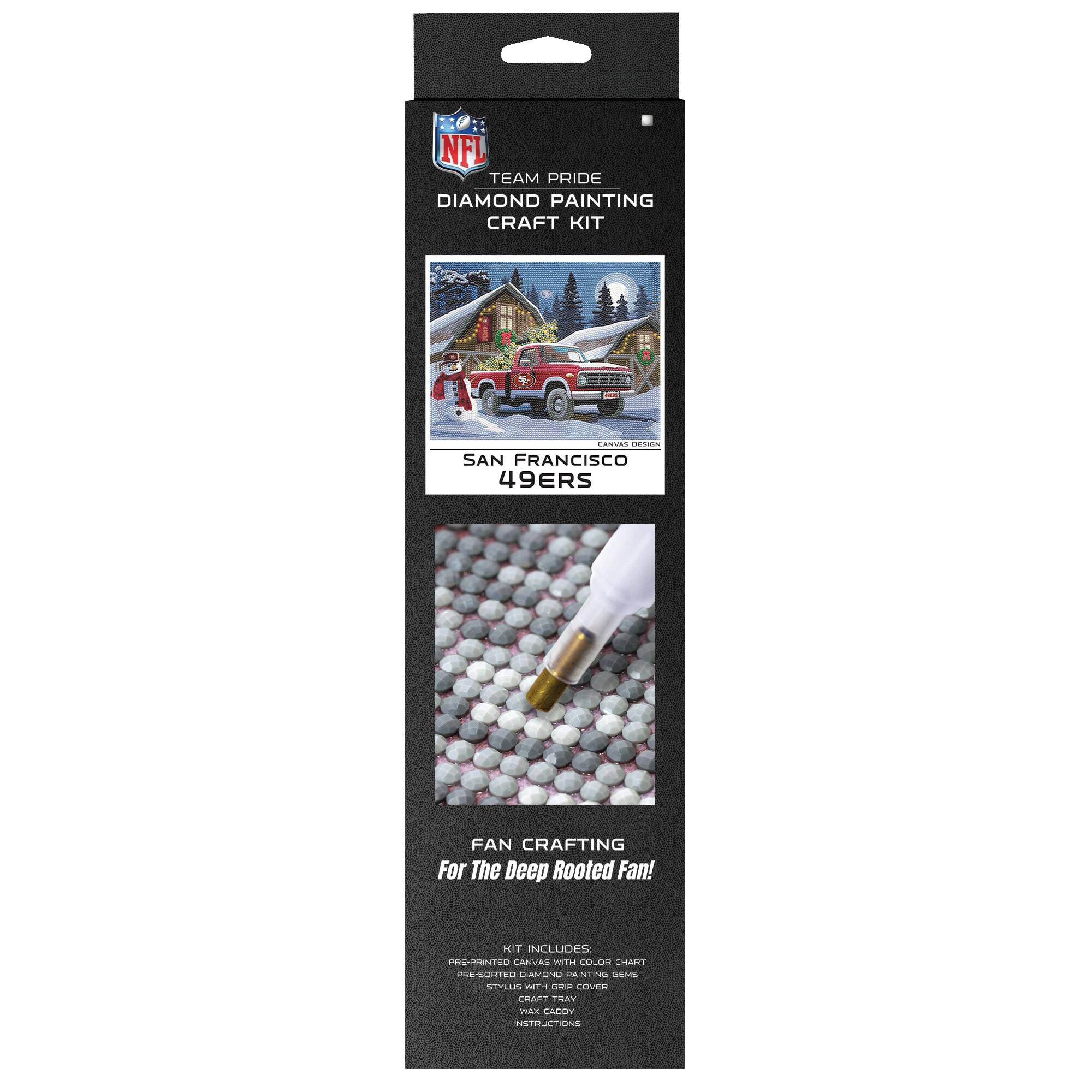**NFL TEAM PRIDE DIAMOND PAINTING CRAFT KIT**

**SAN FRANCISCO 49ERS**

**FAN CRAFTING For The Deep Rooted Fan!**

**Kit Includes:**
- Pre-printed canvas with color chart
- Pre-sorted diamond painting gems
- Craft tray
- Wax applicator
- Instructions

**Crafting for the Deep Rooted Fan!**
