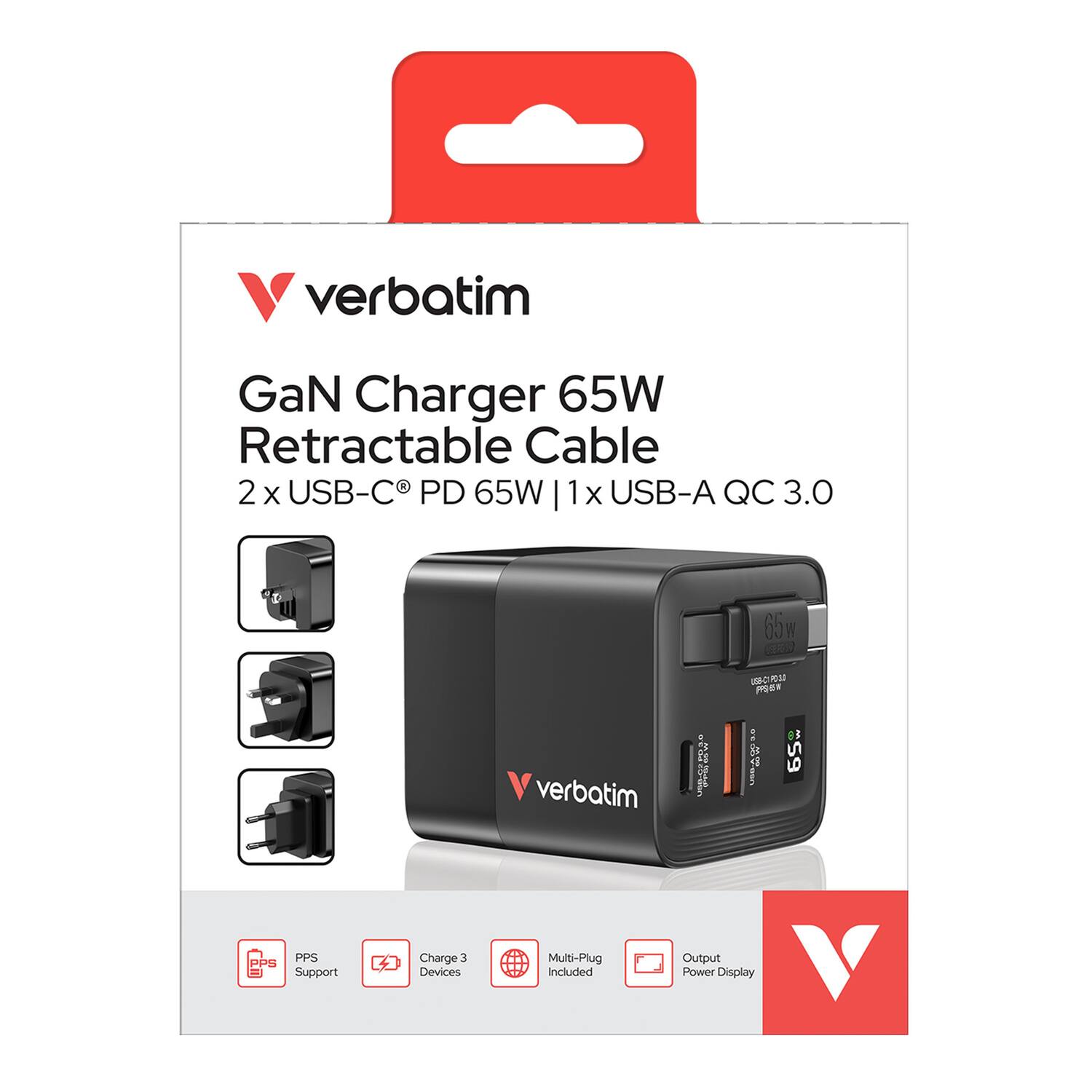 verbatim GaN Charger 65W Retractable Cable  
2 x USB-C PD 65W  
1 x USB-A QC 3.0  
65W  
PPS Support  
Charge 3 Devices  
Multi-Plug Included  
Output Power Display