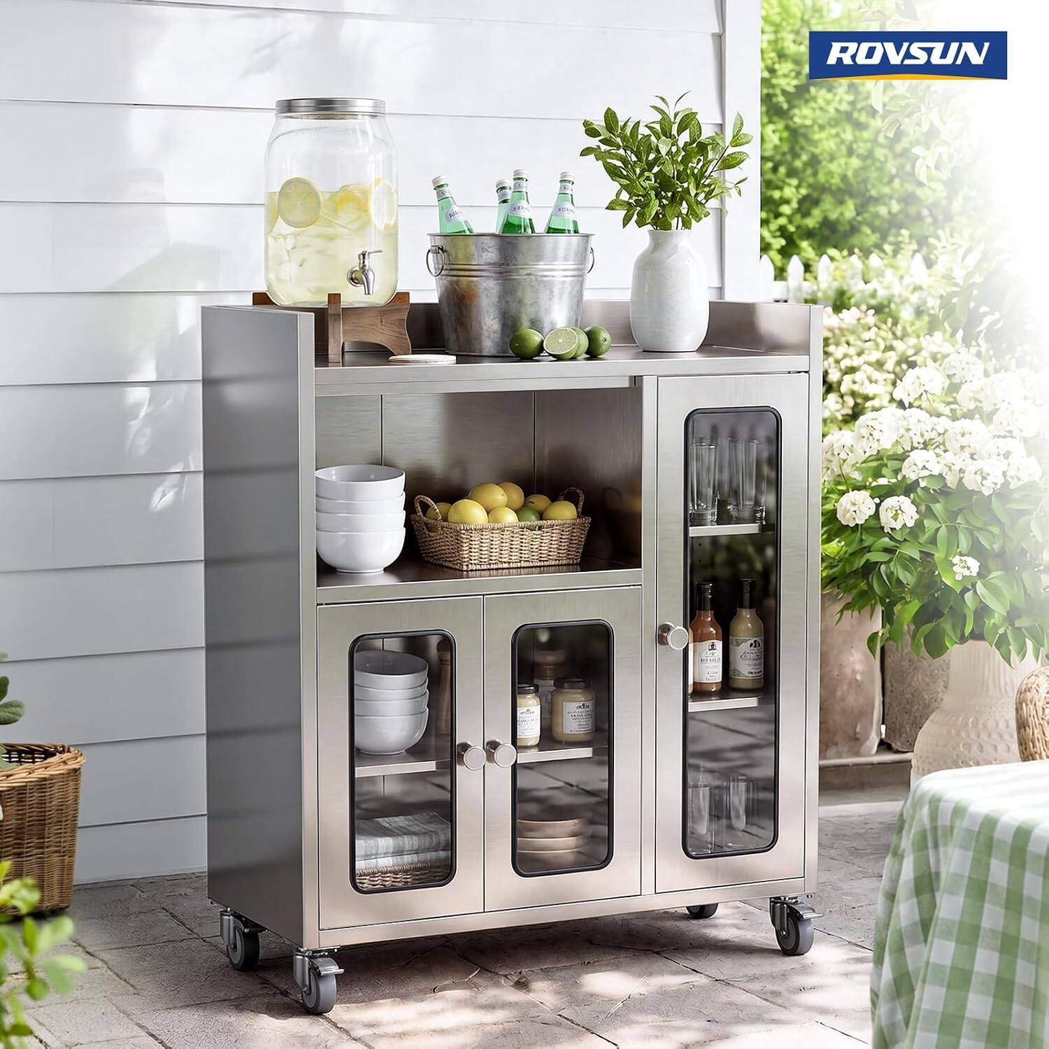 Angle. Winado - Stainless Steel Worktable with 3 Glass Door & Cabinet & Adjustable Shelves & Wheels for Commercial Kitchens, Restaurants - Silver.