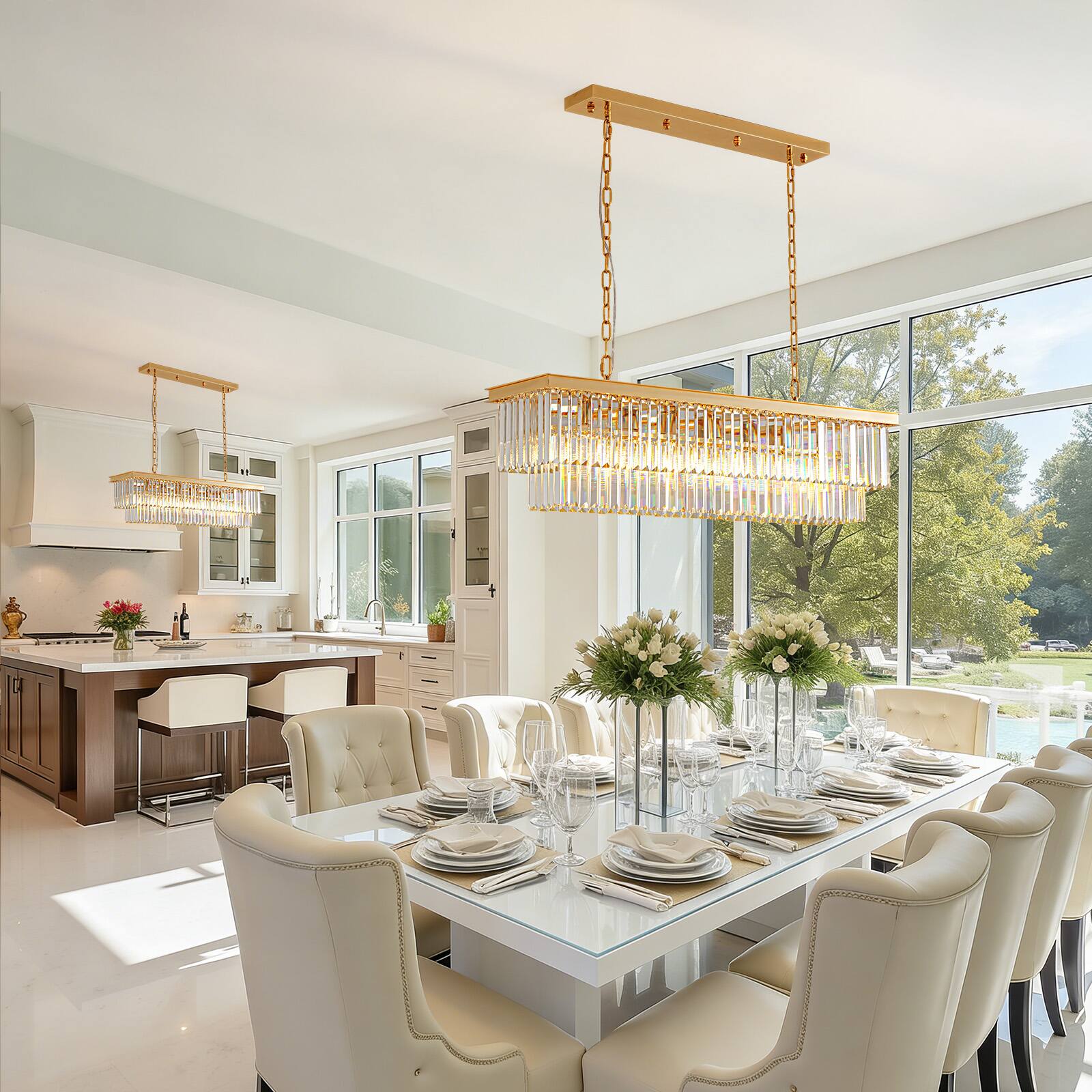 Angle. Siljoy - 40-inch 7 Light Gold Crystal Linear Chandelier with Adjustable Chain for Dining Room and Kitchen Island - Gold.