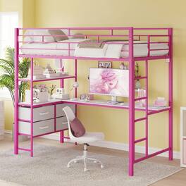 Winado - Twin Loft Bed with L-Shaped Desk, Charging Station 4 Storage Drawers & 2 Shelves Smart RGB LED Lights 400 lbs Capacity - Pink