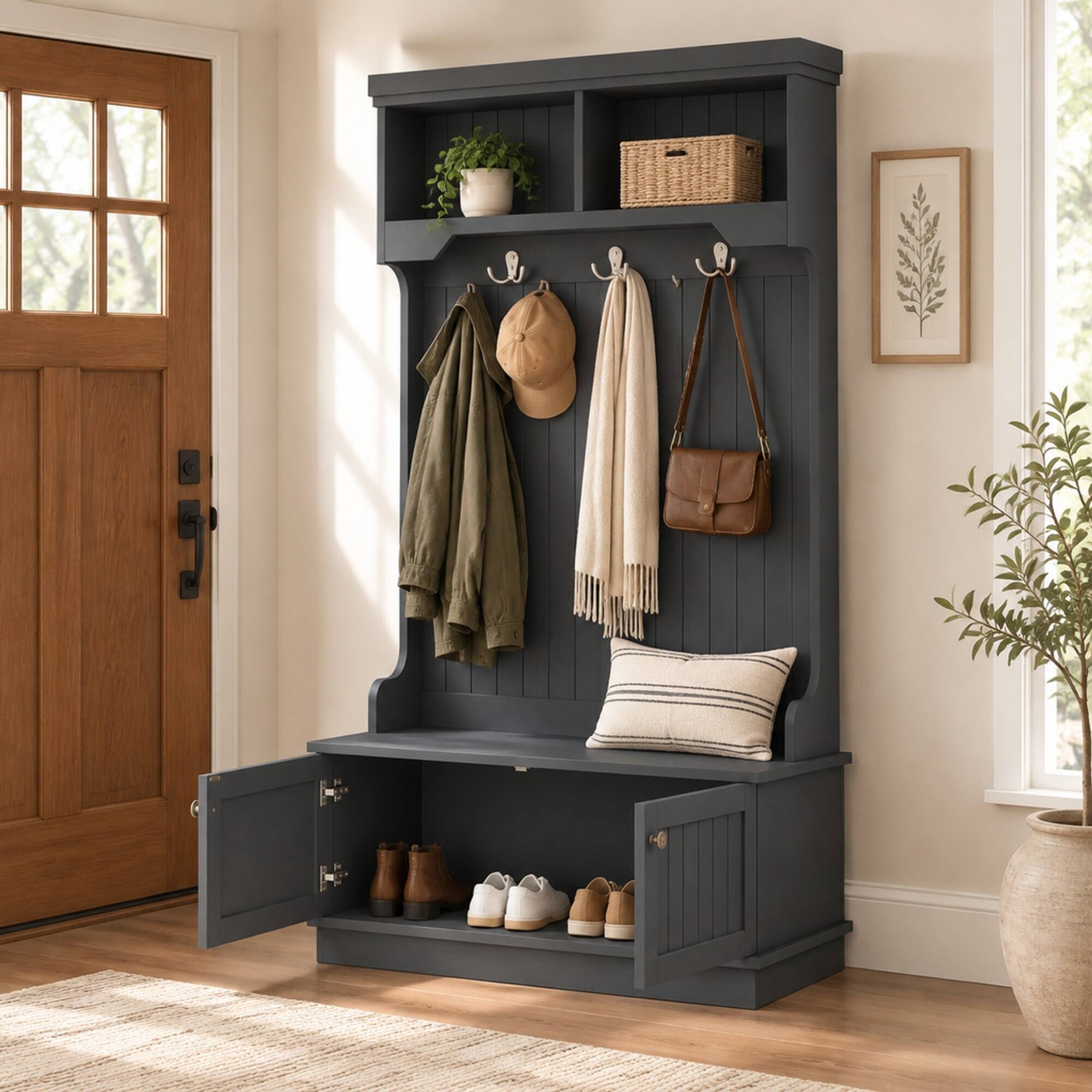 Back. RYHNUYNE - 4-in-1 Hall Tree, Storage Shoe Bench, Coat Rack with Hooks, Black Entryway Organizer - Black.