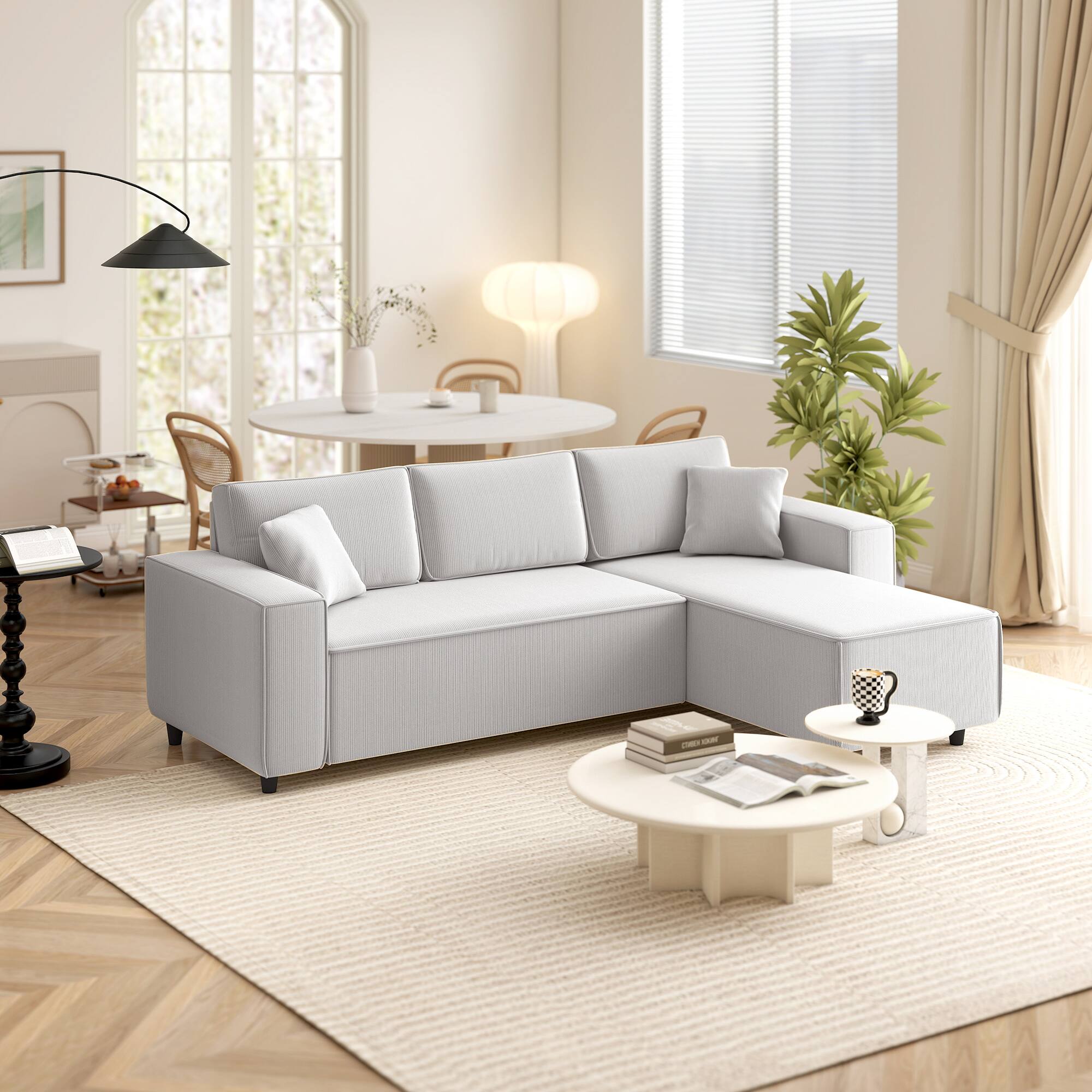 Alt View 9. Homcom - Sectional Sofa with Reversible Chaise Lounge, 95" L-Shaped Corner Sofa, 2 Pillows, 3 Seat Couch for Living Room - Light Grey.