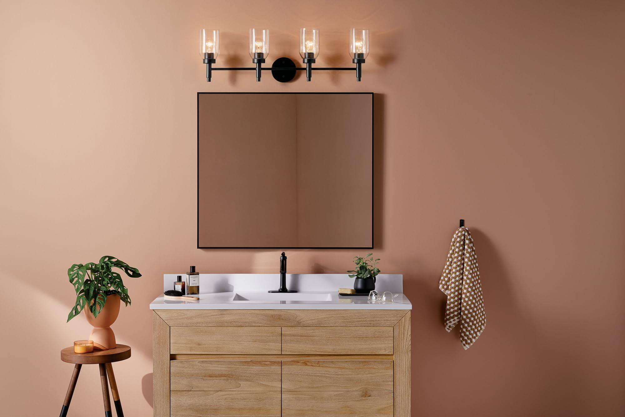 Alt View 1. Earthley Blooms - Madden Vanity With Clear Glass In Sloped Ceiling Compatible For Single Or Double Bathroom bk - Chrome 4 Light.