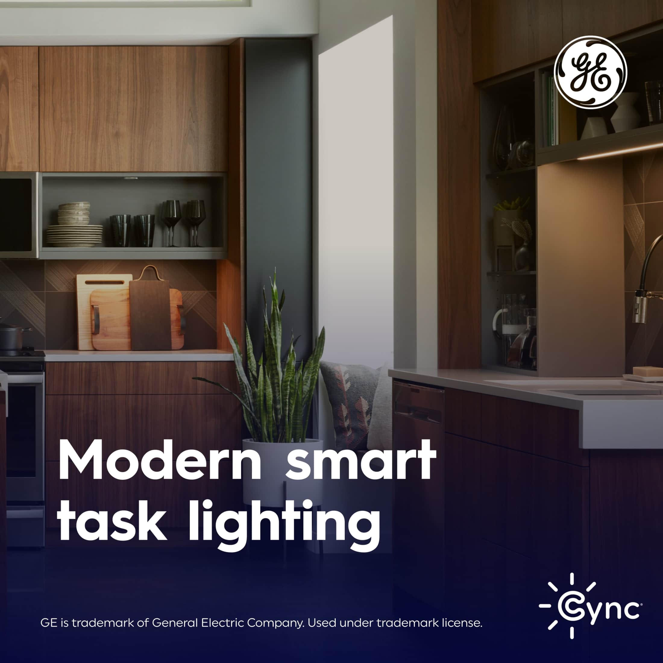 "GE Modern smart task lighting" is the text on the image, and it is grouped with the GE logo and the Cync logo.