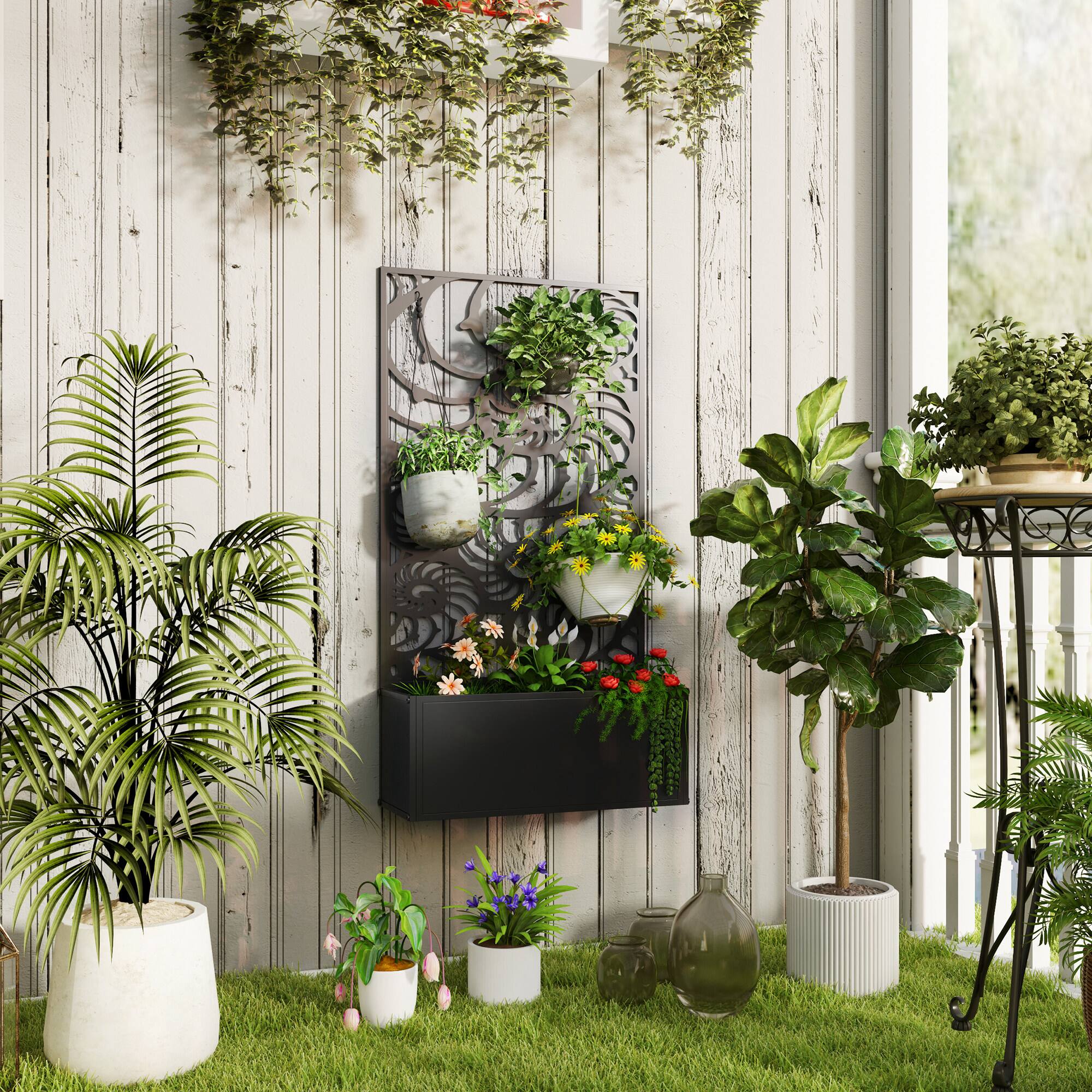 Alt View 1. Outsunny - Metal Raised Garden Bed with Trellis for Climbing Plants, Freestanding or Wall Mounted Flower Bed with Privacy Panel - Black.