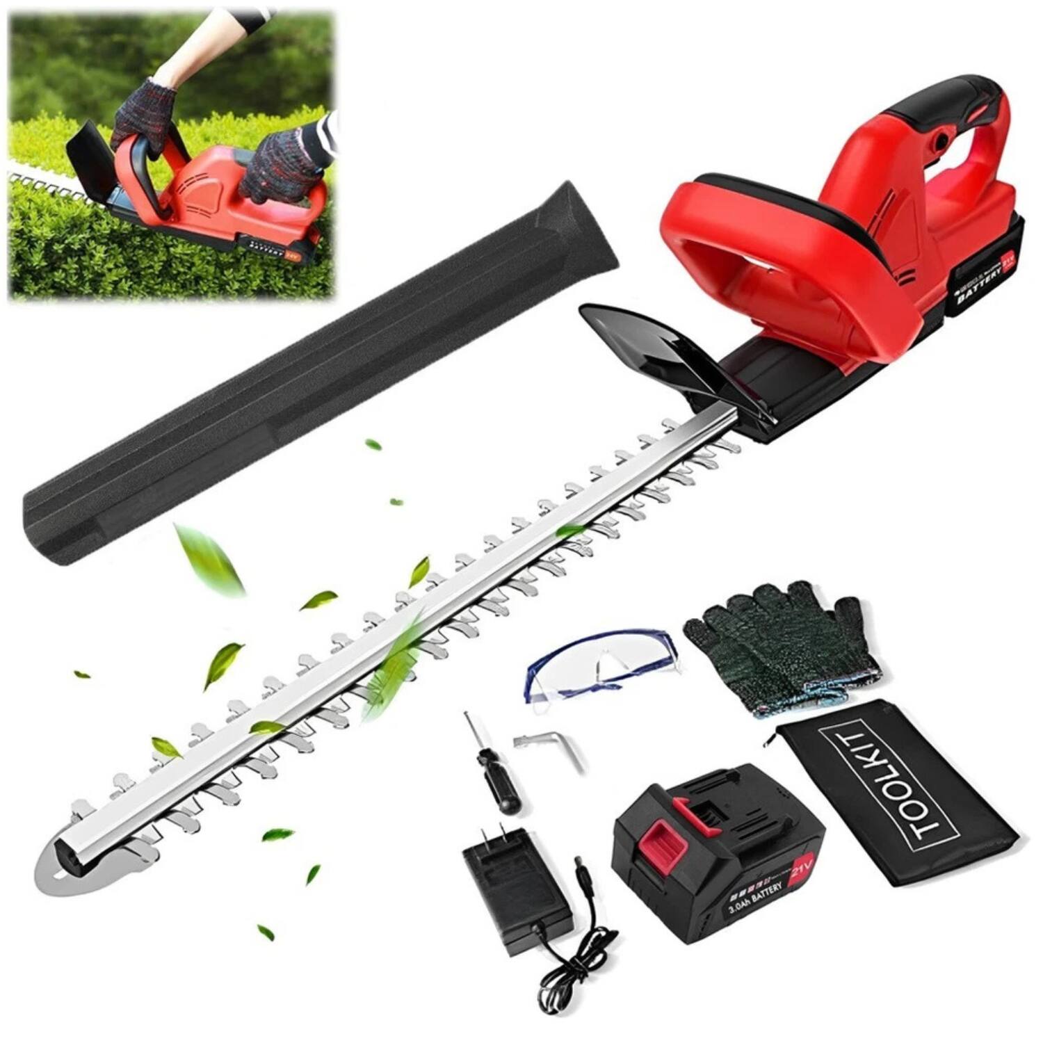 TOOLKIT 21 - BATTERY 3.04h

- Red and black hedge trimmer
- Replacement blade
- Safety glasses
- Gloves
- 2.0Ah battery
- Charger
- Toolkit pouch