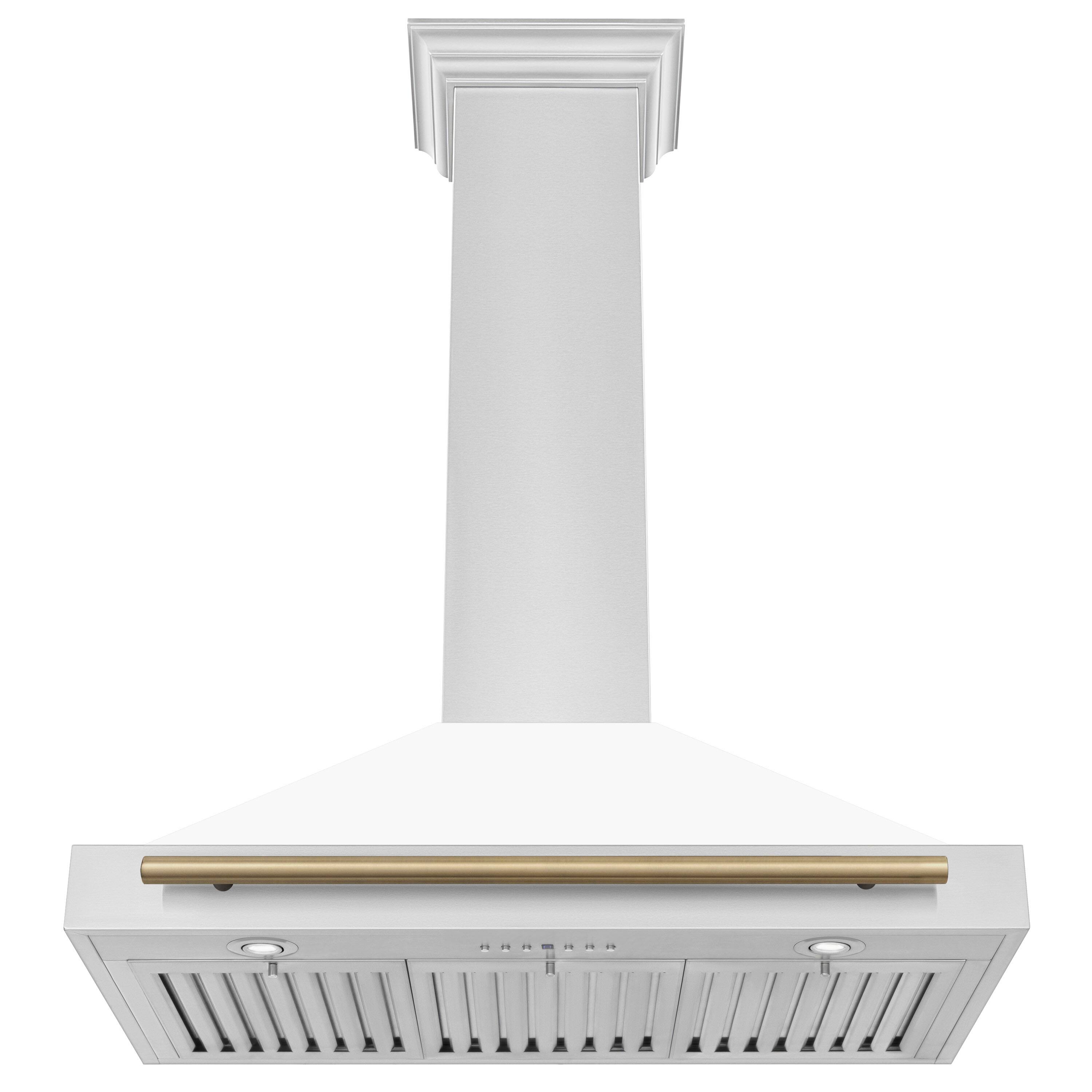 Angle. ZLINE - ZLINE 36 in. Autograph Edition Convertible Stainless Steel Range Hood with White Matte Shell and Champagne Accents - White Matte.