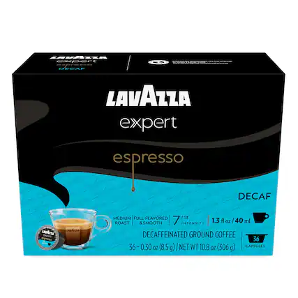 LAVAZZA expert espresso
DECAF
MEDIUM FULL-FLAVORED
7 / 13
1.3 fl oz / 40 ml
INTENSITY
DECAFFEINATED GROUND COFFEE
36 - 0.30 oz (8.5 g)
NET WT 10.8 OZ (306 g)
CAPSULES