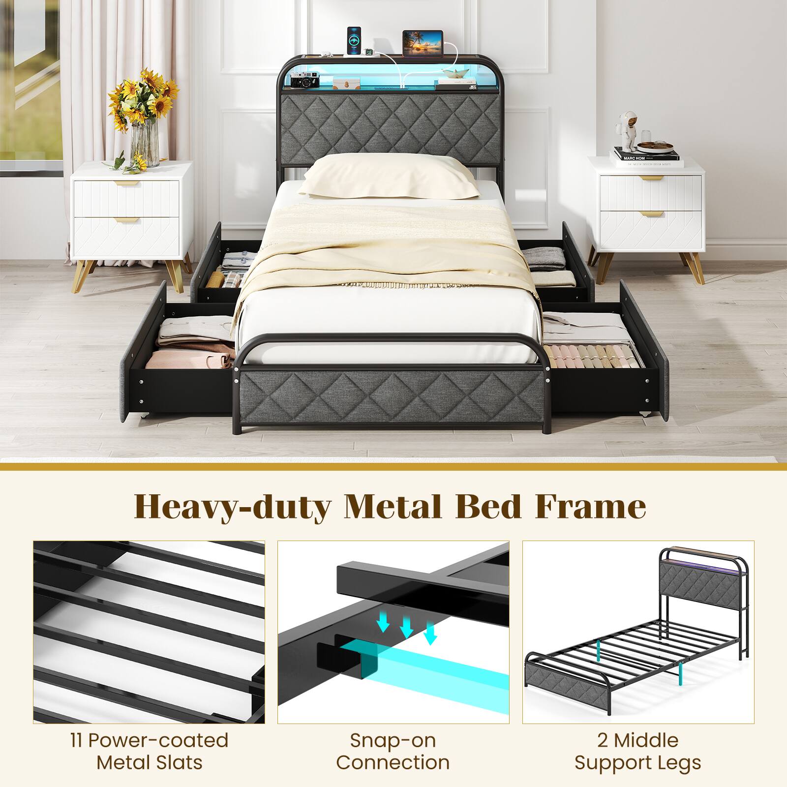 Heavy-duty Metal Bed Frame

- 11 Power-coated Metal Slats
- Snap-on Connection
- 2 Middle Support Legs