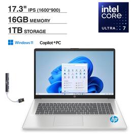 HP - 17 AI Laptop 17.3 HD+ (Intel Ultra 7-255U, 16GB DDR5, 1TB SSD, Intel Graphics, Win 11 Home) w/USB Hub - Natural Silver