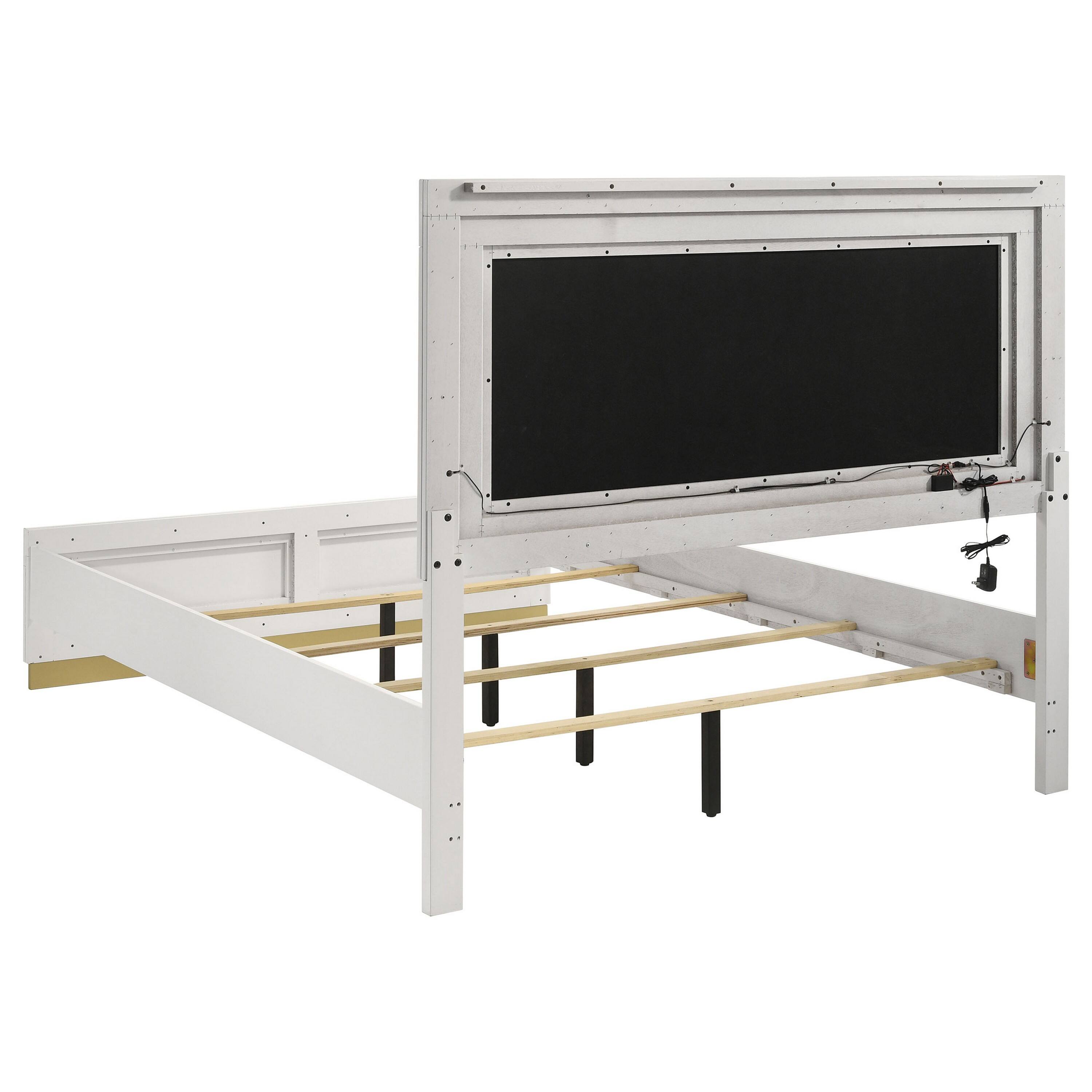 Alt View 3. Manhattan Lane - Caer Queen Size Bed, LED Panel Tall Headboard, Gray Upholstery, White Okume - White, Gray, Gold.