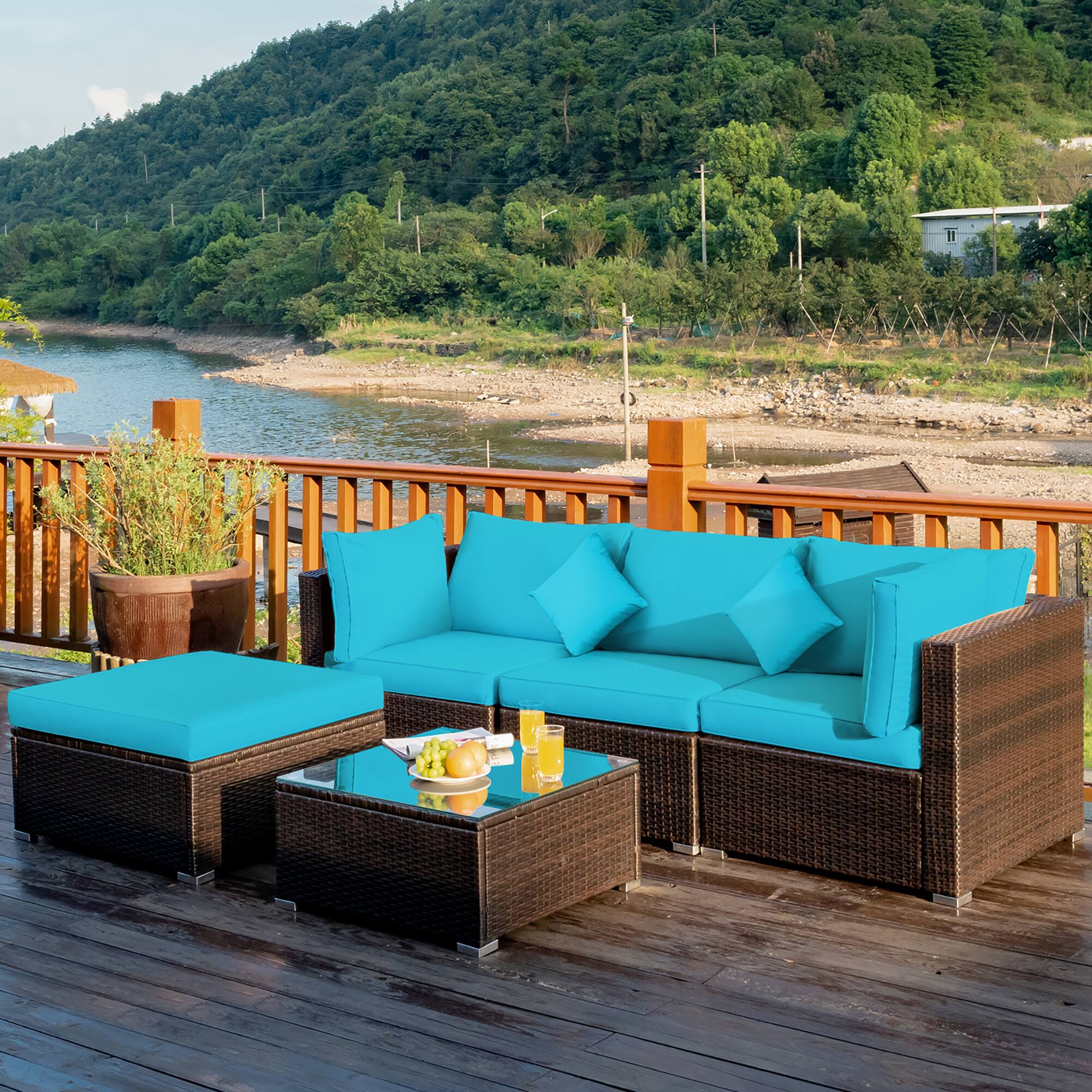 Alt View 1. Costway - Costway 5PCS Outdoor Patio Rattan Furniture Set Sectional Conversation Cushion - Turquoise.
