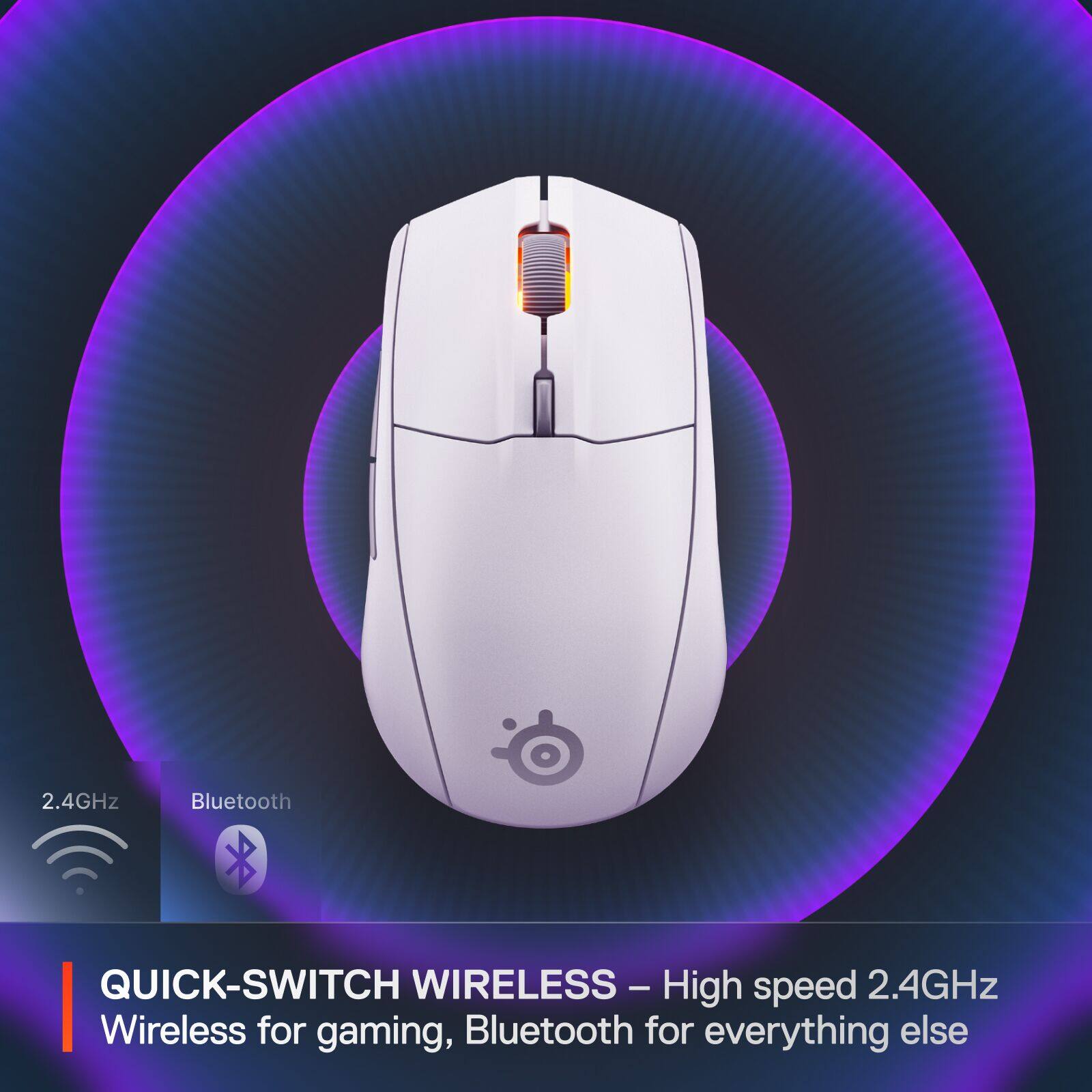 The text on the image reads: "2.4GHz Bluetooth QUICK-SWITCH WIRELESS - High speed 2.4GHz Wireless for gaming, Bluetooth for everything else."
