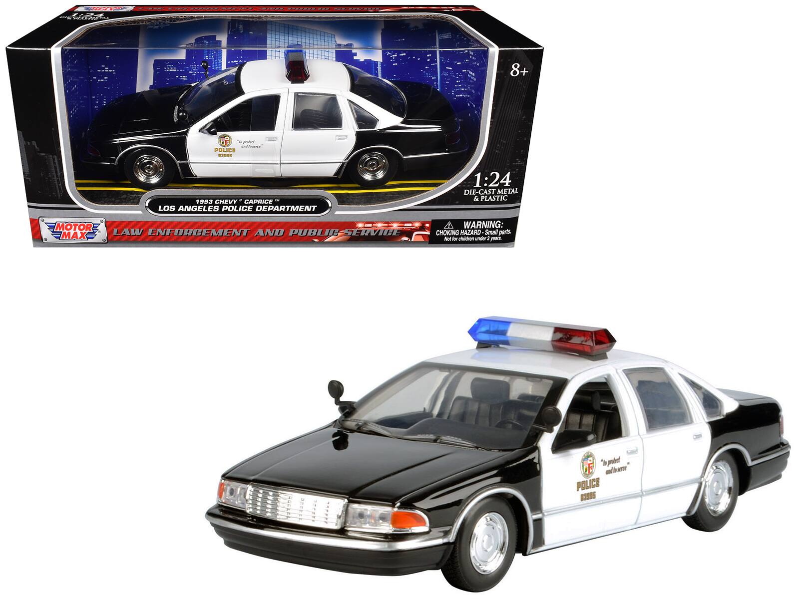 07 | E EA 8+ F  praturt - POLICE .H.. 1993 CHEVY CAPRICE LOS ANGELES POLICE DEPARTMENT 1:24 DIE-CAST METAL & PLASTIC MOTOR MAX tt A WARNING: LAW ENFORCEMENT AND PUBLIC SERVICE CHOKING HAZARD Small parts. Not for children under 3 years.