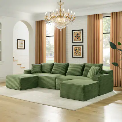 Front. Anysun - 115" U-Shape Boneless Corduroy Sectional with Chaise & Ottoman-No Assembly, Deep-Seat Modular Cloud Sofa for Living Room - Green.