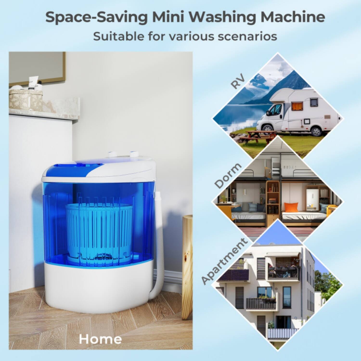 Space-Saving Mini Washing Machine  
Suitable for various scenarios  

- Home  
- RV  
- Dorm  
- Apartment