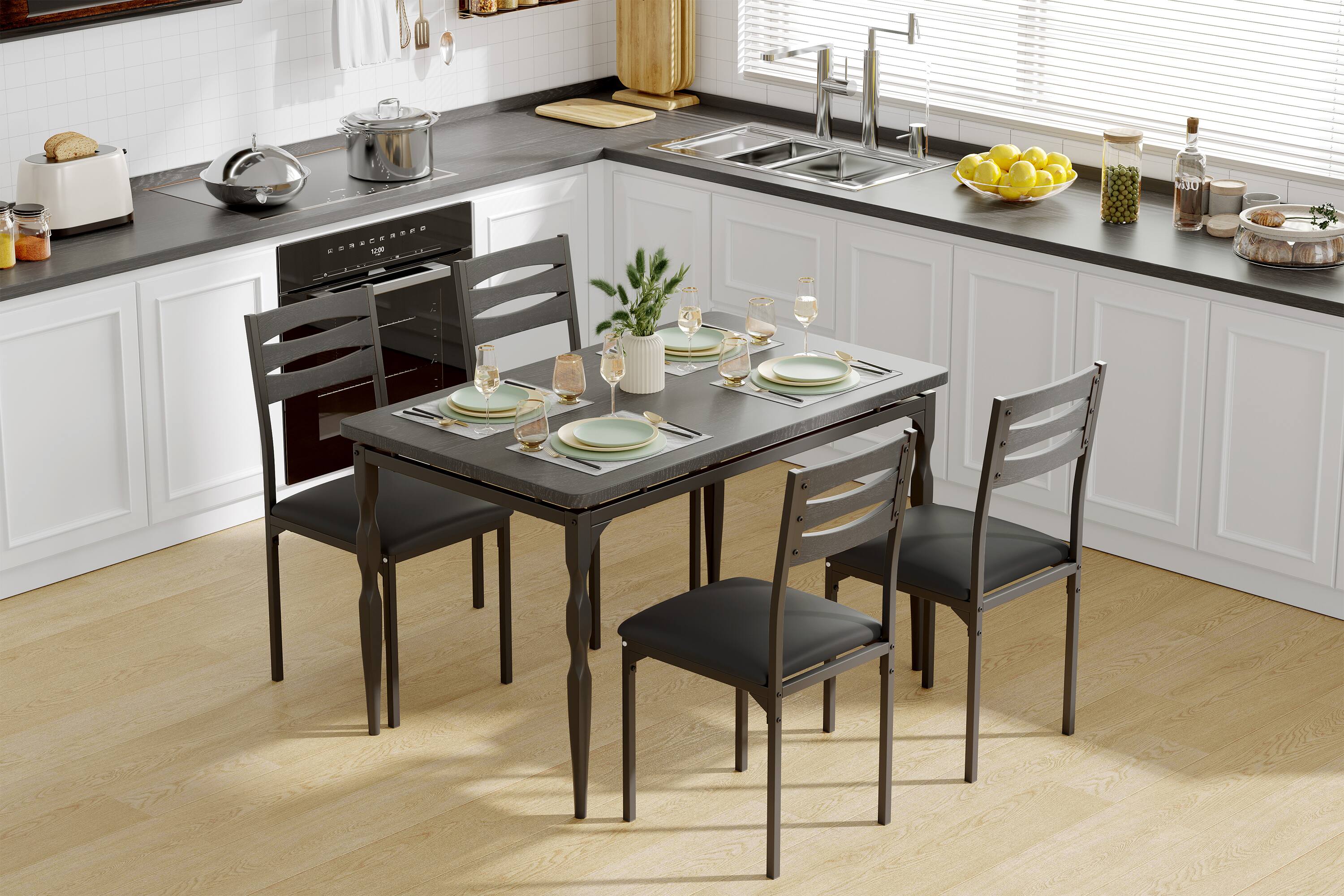 Alt View 3. Homhougo - Dining Table Set for 4, 5 Piece Dining Table and Chairs Set of 4 - Black.
