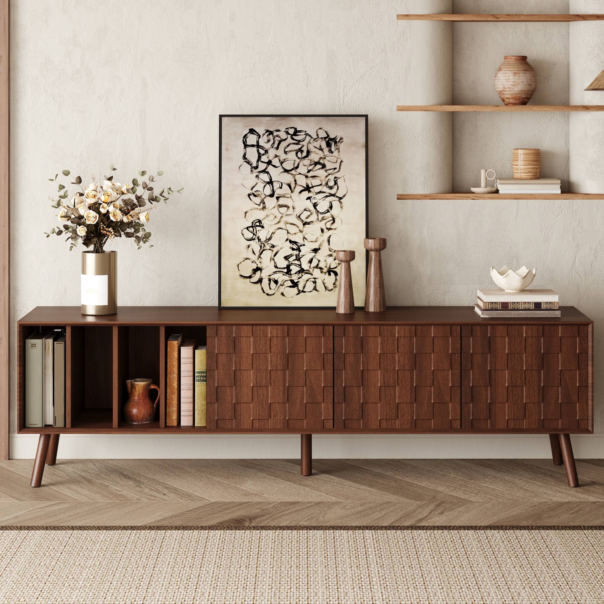 Left. MERAVOM - 68" Mid-Century Modern TV Stand, Media Console for TVs up to 75'', Entertainment Center with Storage for Living Room - Walnut.