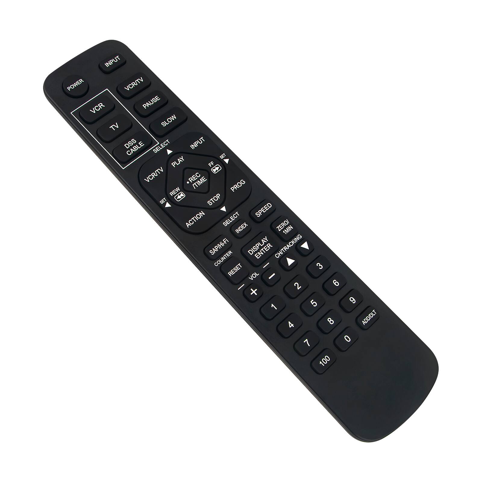 INPUT POWER VCR/TV VCR PAUSE TV SLOW DSS CABLE SELECT INPUT SET PLAY FF VCR/TV REC /TIME PROG REW SET STOP ACTION SELECT SPEED INDEX ZERO/ 1MIN SAP/Hi-Fi COUNTER DISPLAY ENTER CH/TRACKING I 3 RESET VOL - I 2 6 + 5 6 1 4 8 ADD/DLT 7 0 100