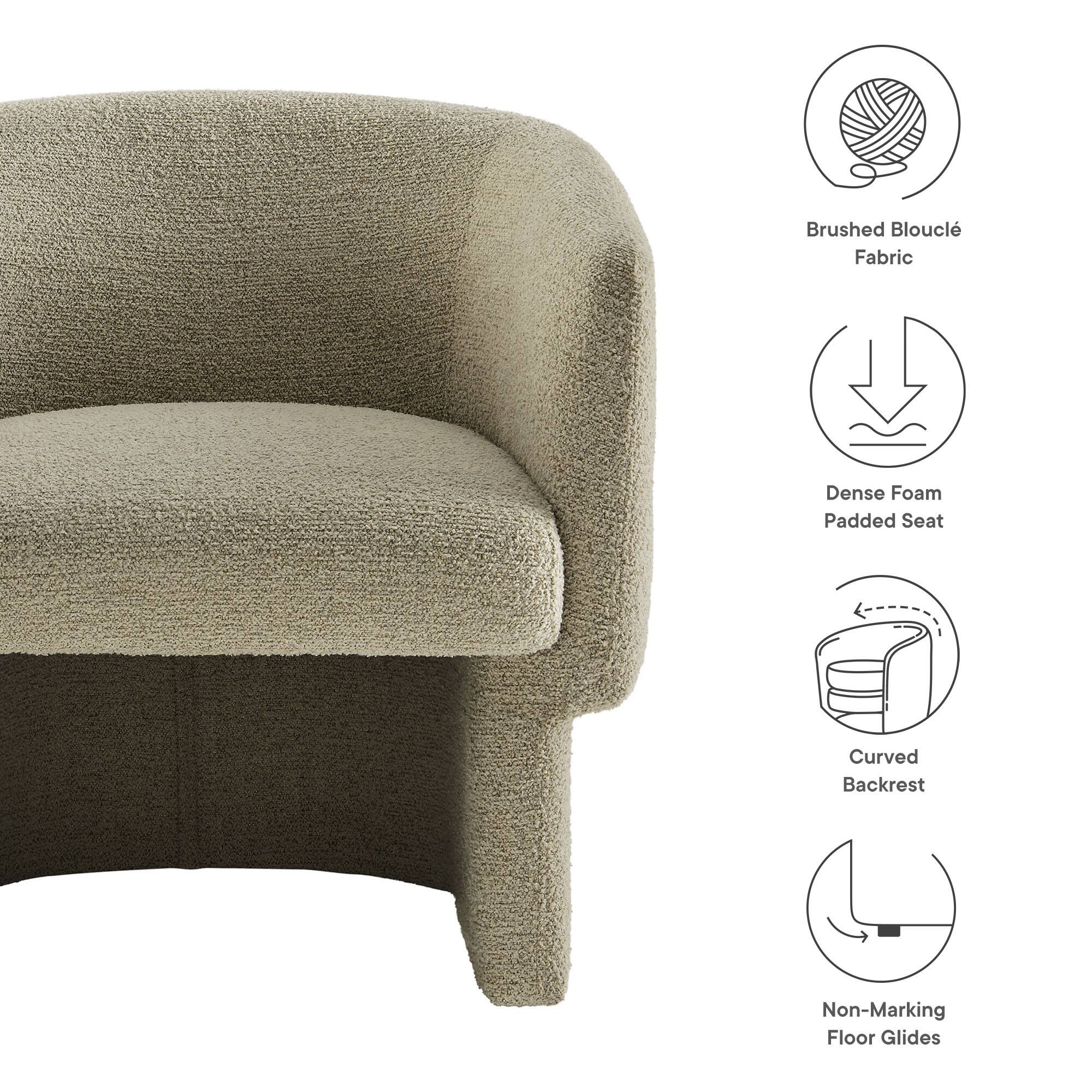 - Brushed Bouclé Fabric
- Dense Foam Padded Seat
- Curved Backrest
- Non-Marking Floor Glides