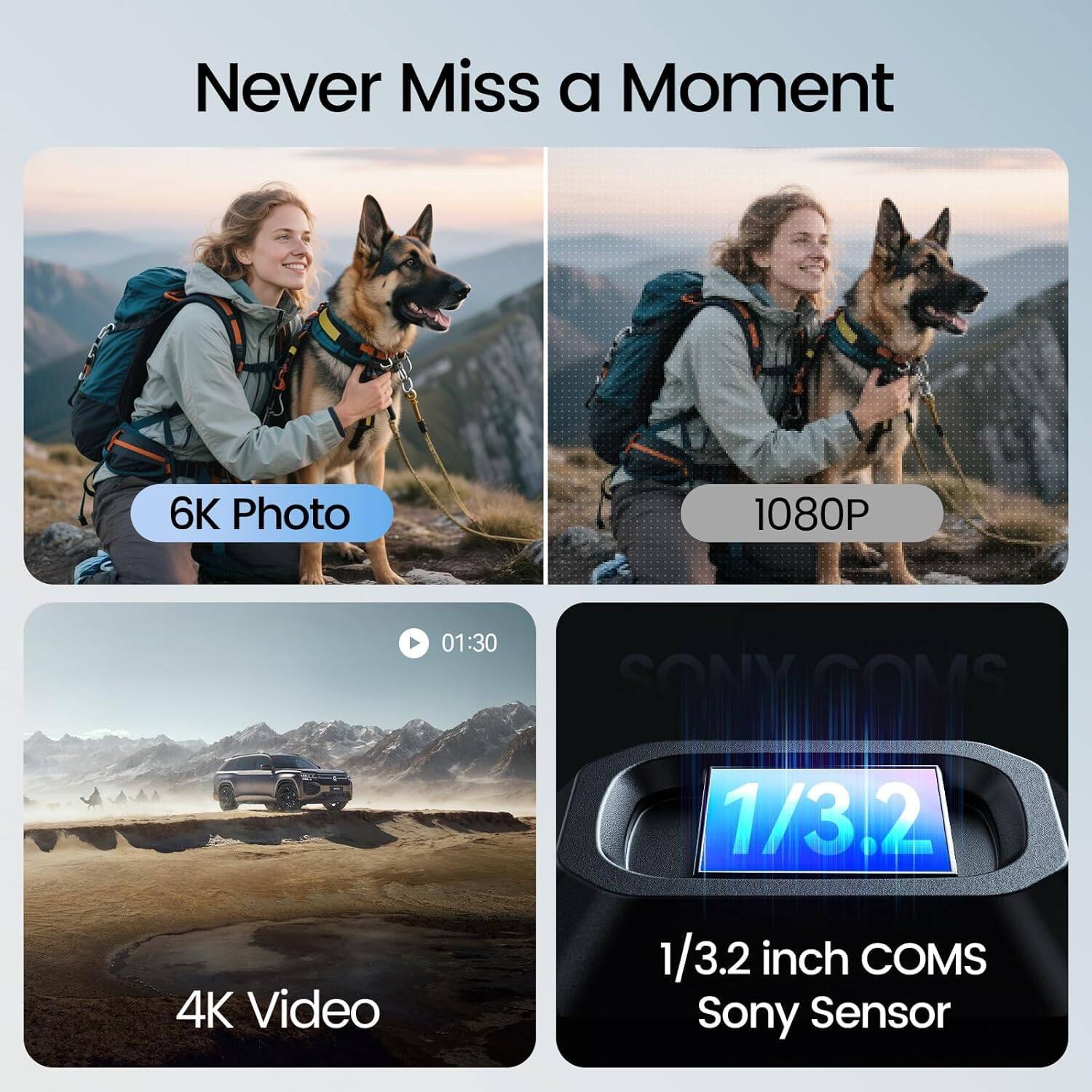 Never Miss a Moment

6K Photo

1080P

01:30

4K Video

1/3.2 inch COMS Sony Sensor