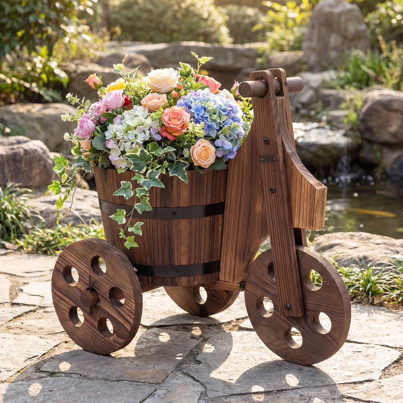 Alt View 4. Costway - Costway 2 PCS Rustic Wood Tricycle Planter with Barrel Pot & Drainage for Patio Garden - Coffee.