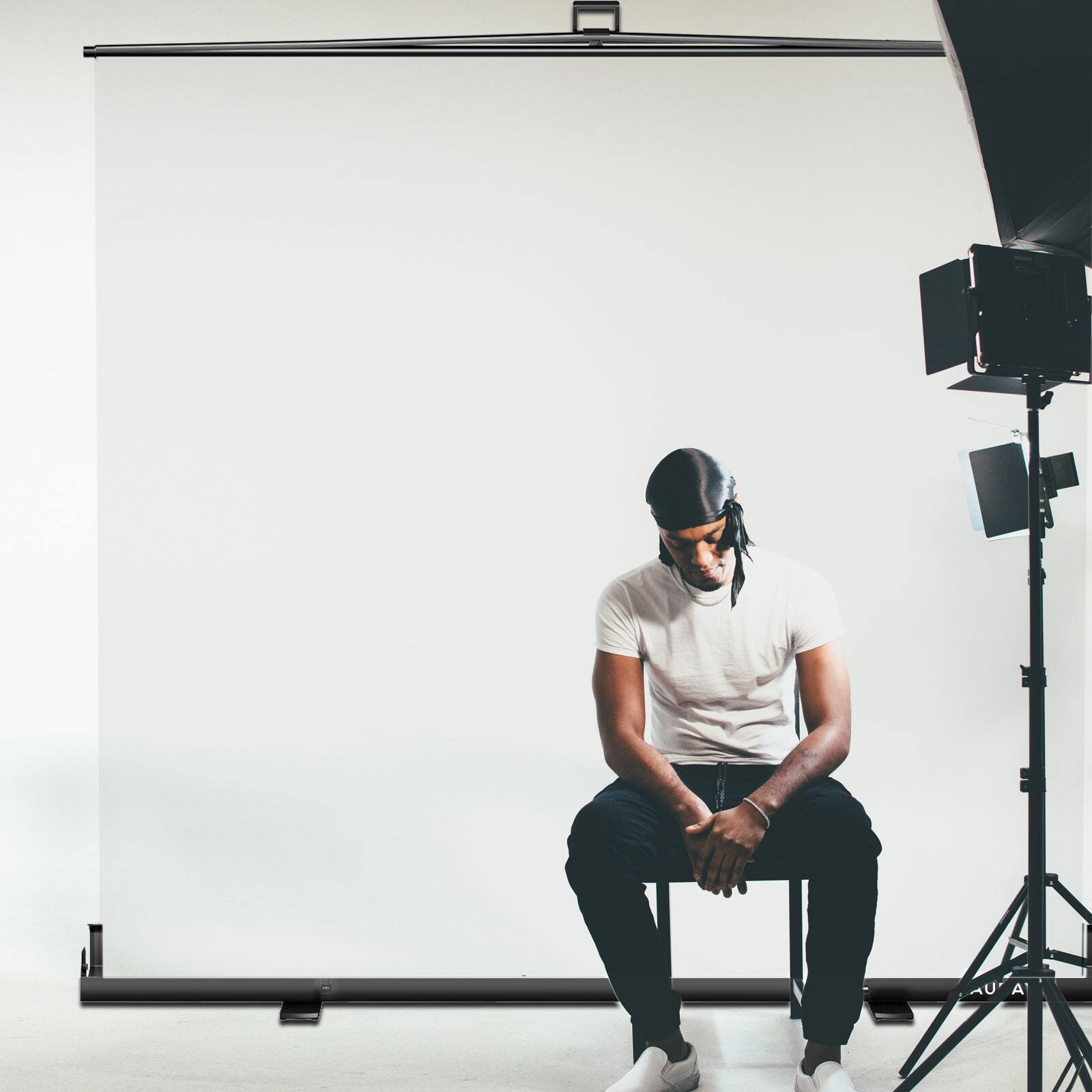 Alt View 2. RAUBAY - 6.6′ x 6.9′ Collapsible White Screen Backdrop Portable Retractable Panel Photo Background with Stand - White.