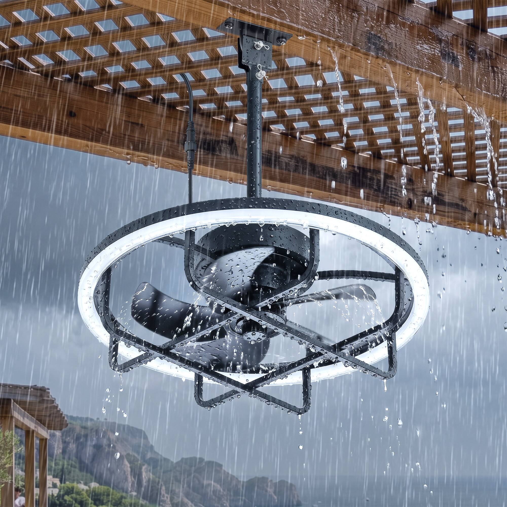 Left. Breezary - 20-Inch Waterproof LED Ceiling Fan with Light, ABS Blades, DC Motor, Remote Control, 6 Speeds & 2H Timer - Black.