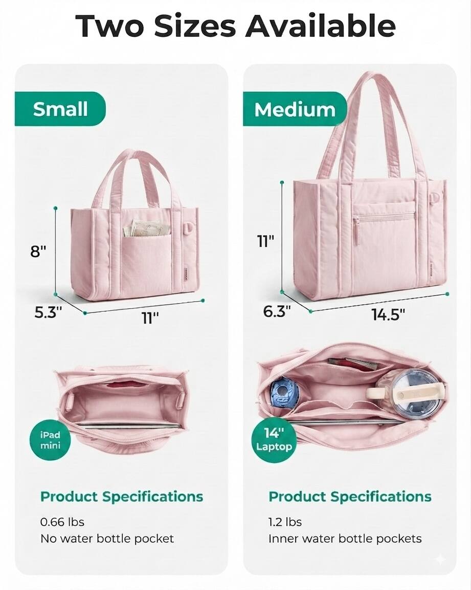 Two Sizes Available

Small
- 8"
- 5.3"
- 11"

Medium
- 11"
- 6.3"
- 14.5"

iPad mini
14" Laptop

Product Specifications
- 0.66 lbs
- No water bottle pocket

Product Specifications
- 1.2 lbs
- Inner water bottle pockets