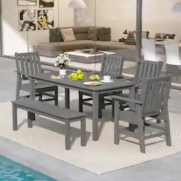 Gymax - 6PCS Patio Dining Bench Set Outdoor HDPE Weather Resistant Table & Chairs Set - Gray