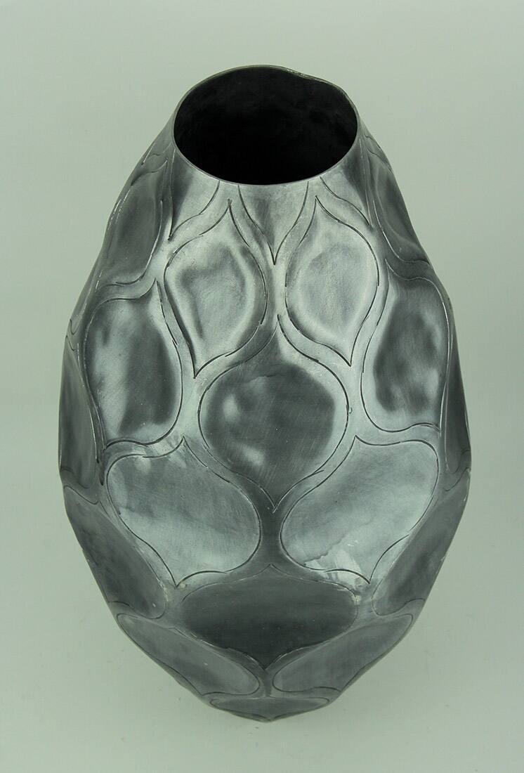 Alt View 1. India House Brass - Antique Silver Finish Trellis Pattern Oval Aluminum Vase - Silver.