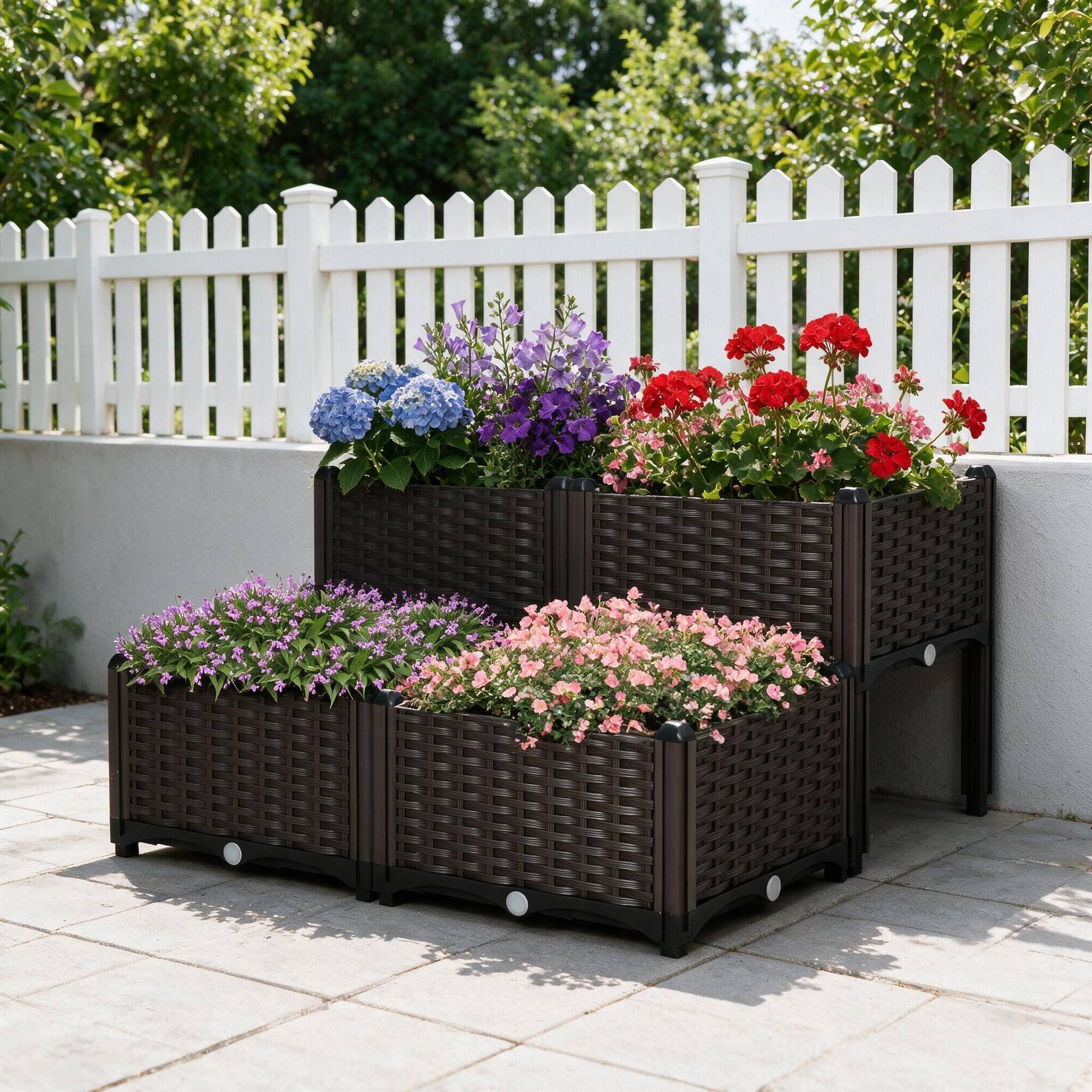 Back. RYHNUYNE - Outsunny 4 Piece Raised Garden Bed with Legs, Self-Watering Planter Box, Plastic Modular Planter for Herbs - Brown.