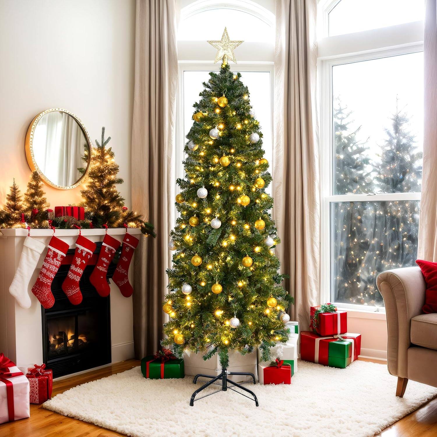 Alt View 6. Winado - 6FT Christmas Pencil Tree Pre Lit with Lights, Realistic Slim Tree for Indoor Home Office Party Holiday Decorations - Green.