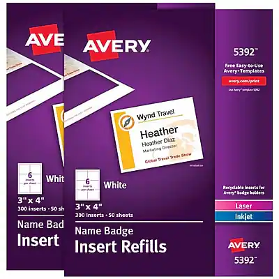 AVERY
5392
Free Easy-to-Use Avery Templates
avery.com/print
Wynd Travel
Heather Diaz
Marketing Director
Global Travel Trade Show
6 White
3" x 4"
300 inserts - 50 sheets
Name Badge Insert
Name Badge Insert Refills
Recyclable inserts for Avery badge holders
Laser Inkjet
AVERY
5392