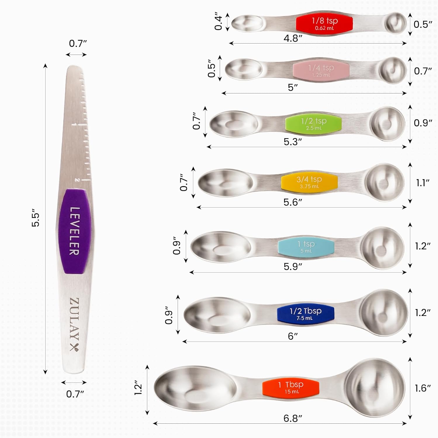 - 0.7" x 0.4" x 0.5"  
- 1/8 tsp 0.62 ml  
- 4.8"  
- 1 1/4 tsp 1.25 mL  
- 5"  
- 0.5" x 0.7" x 0.7"  
- 1/2 tsp 2.5 mL  
- 5.3"  
- 0.9"  
- 5.5"  
- 0.7" x 1.2" x 0.7" x 0.9" x 0.9"  
- 3/4 tsp 3.75 mL  
- 5.6"  
- 1 tsp 5 mL  
- 5.9"  
- 1/2 Tbsp 7.5 mL  
- 6"  
- 1 Tbsp 15 mL  
- 1.1" x 1.2" x 1.2" x 1.6"  
- 6.8"  

LEVELER  
ZULAY X