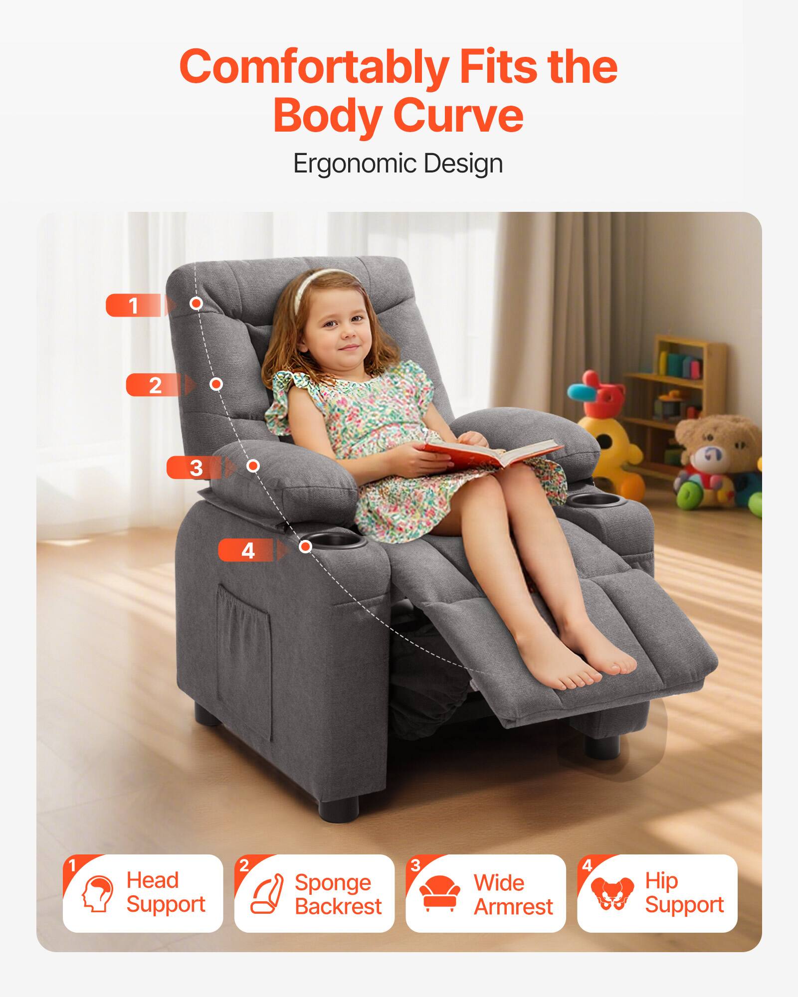 Comfortably Fits the Body Curve  
Ergonomic Design

1. Head Support  
2. Sponge Backrest  
3. Wide Armrest  
4. Hip Support
