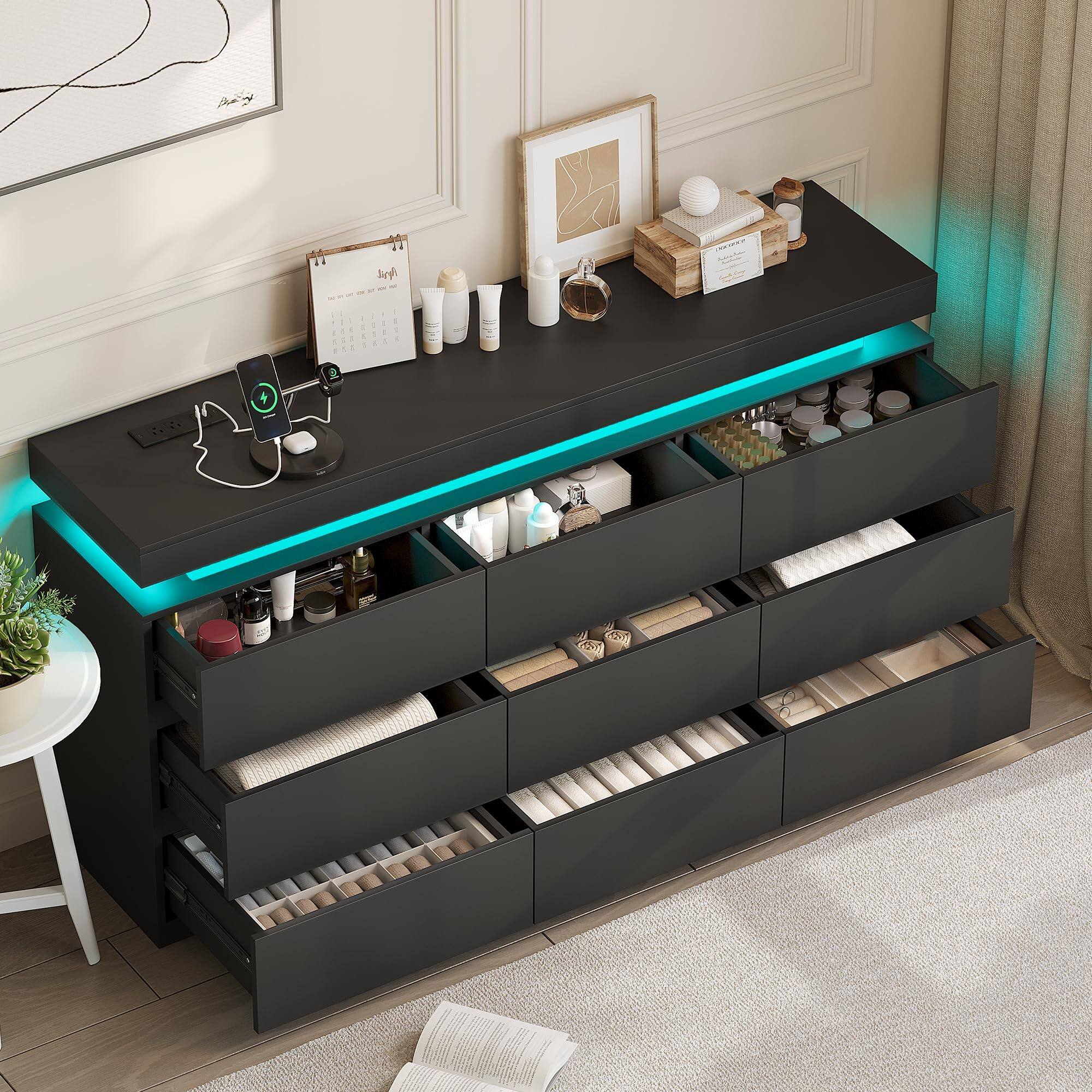 Back. Dyonery - 9-Drawer Dresser with LED Lights and Charging Station, Modern Wide Chest of Drawers, Large Storage Cabinet - Black.