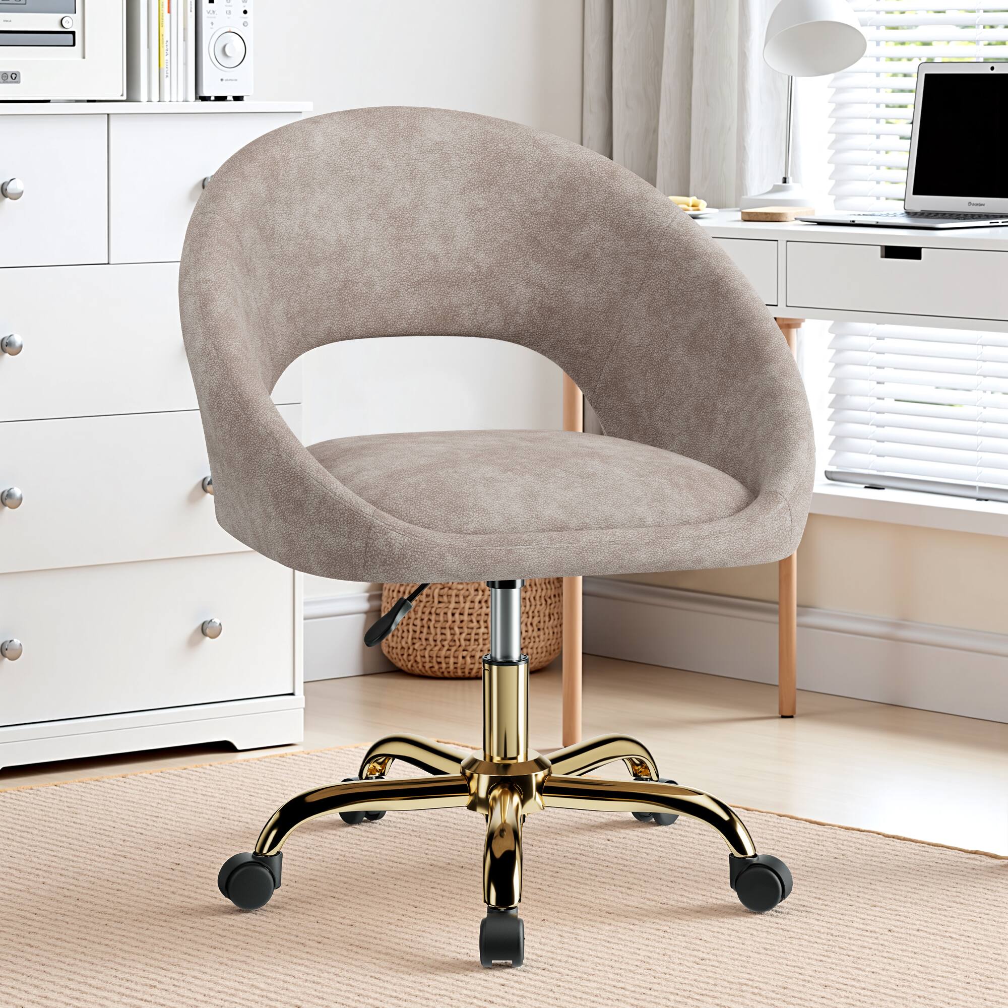 Alt View 4. KERDOM - Vanity Chair with Back & Wheel, Smooth Tech Fabric & Wide Cushion Home Office Chair, Makeup Chair Breathable Hollow Back - Khaki.