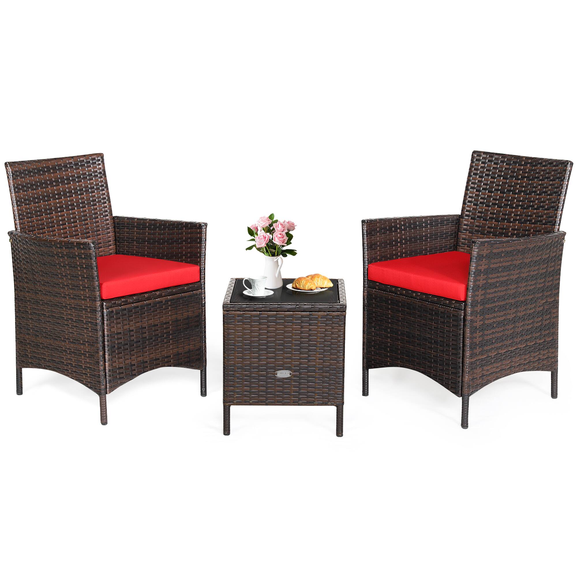 Alt View 1. Gymax - Gymax 3PCS Outdoor Rattan Conversation Set Patio Furniture Set w/ Red Cushions - Brown.
