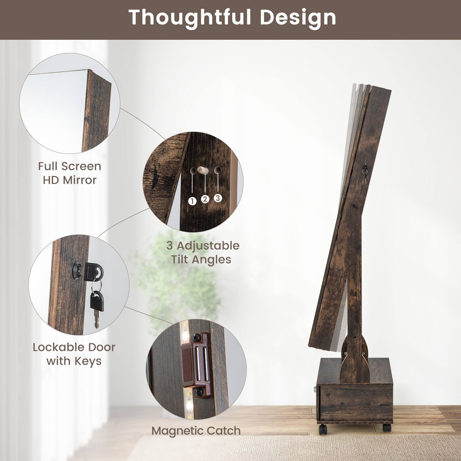 Thoughtful Design

- Full Screen HD Mirror
- 3 Adjustable Tilt Angles
- Lockable Door with Keys
- Magnetic Catch