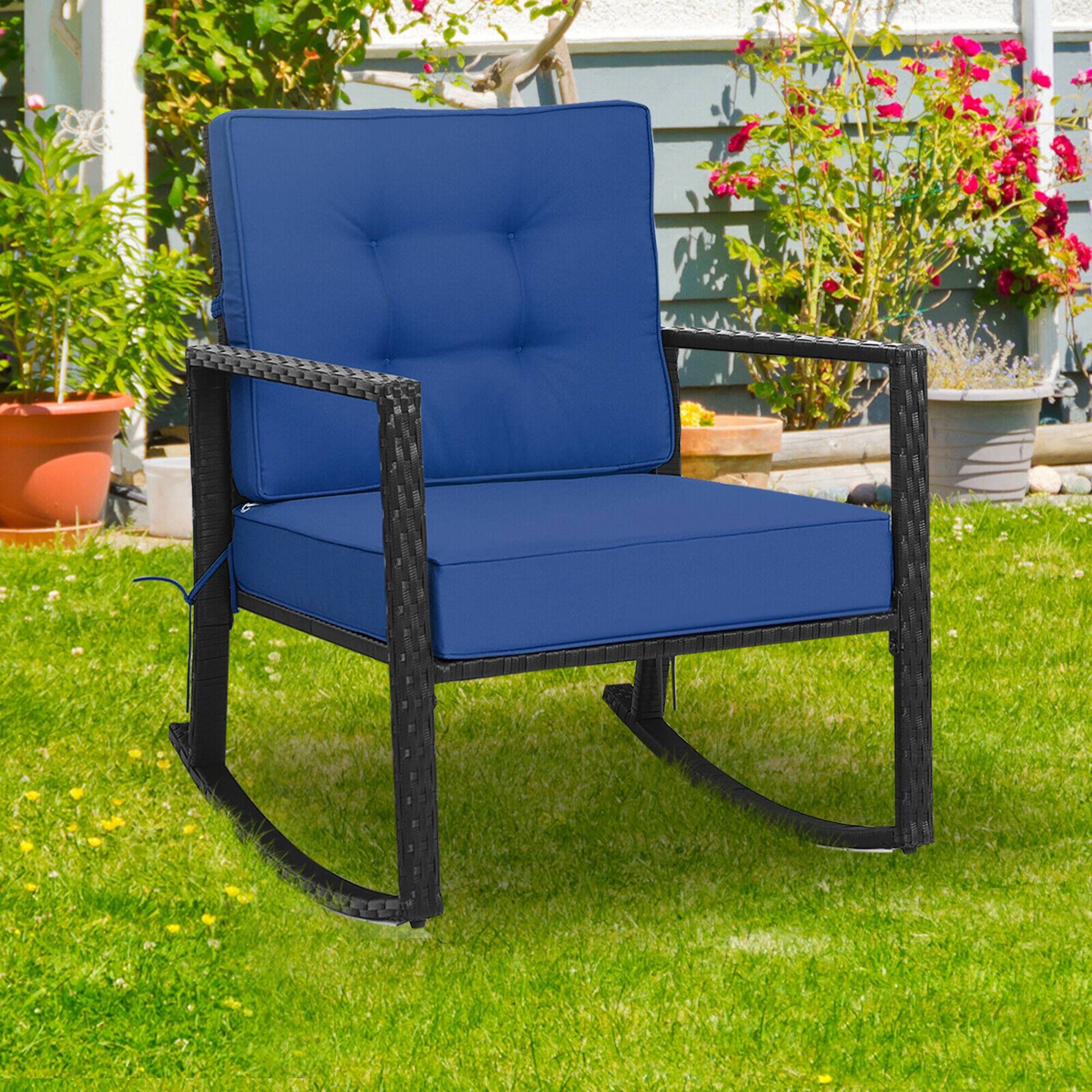 Alt View 2. Gymax - Gymax Outdoor Wicker Rocking Chair Patio Lawn Rattan Single Chair Glider w/ Navy Cushion - Navy.