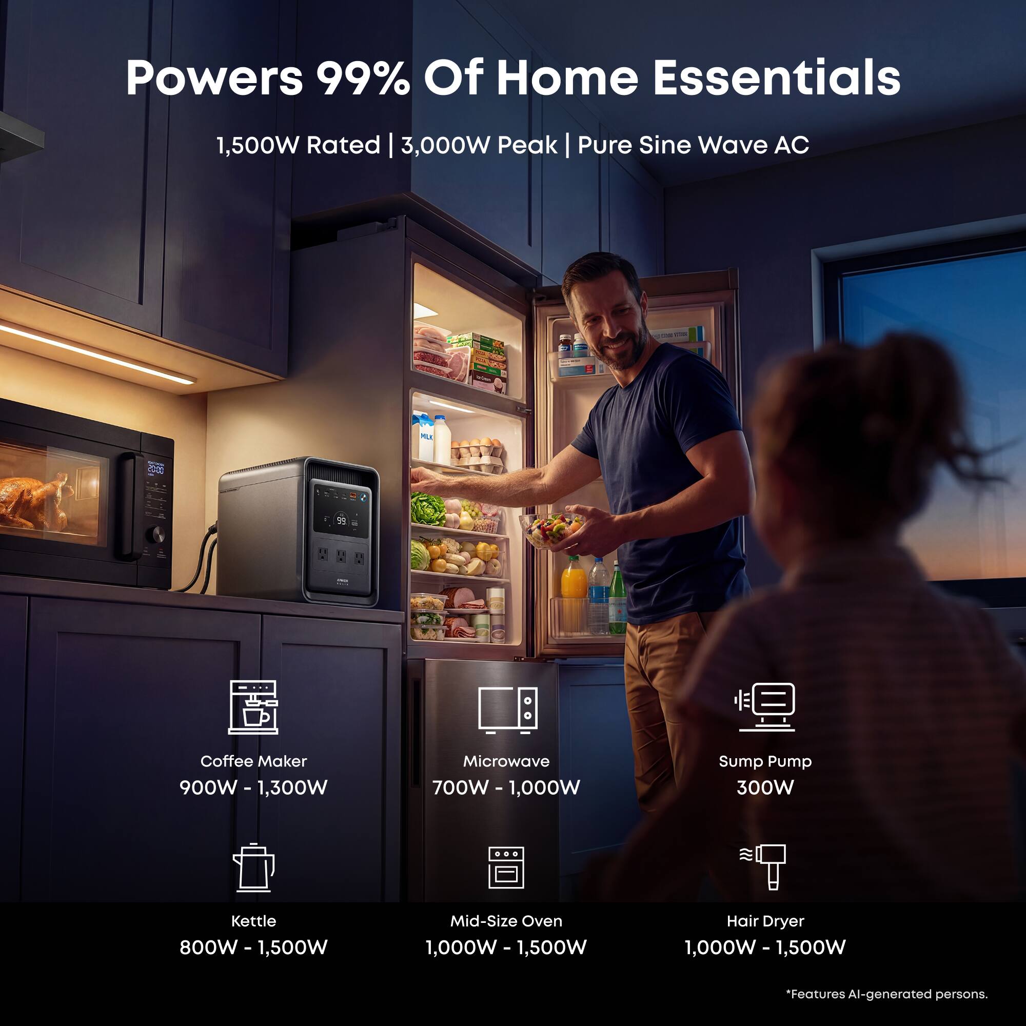 Powers 99% Of Home Essentials  
1,500W Rated | 3,000W Peak | Pure Sine Wave AC  

- Coffee Maker: 900W - 1,300W  
- Microwave: 700W - 1,000W  
- Sump Pump: 300W  
- Kettle: 800W - 1,500W  
- Mid-Size Oven: 1,000W - 1,500W  
- Hair Dryer: 1,000W - 1,500W  

Features AI-generated persons.